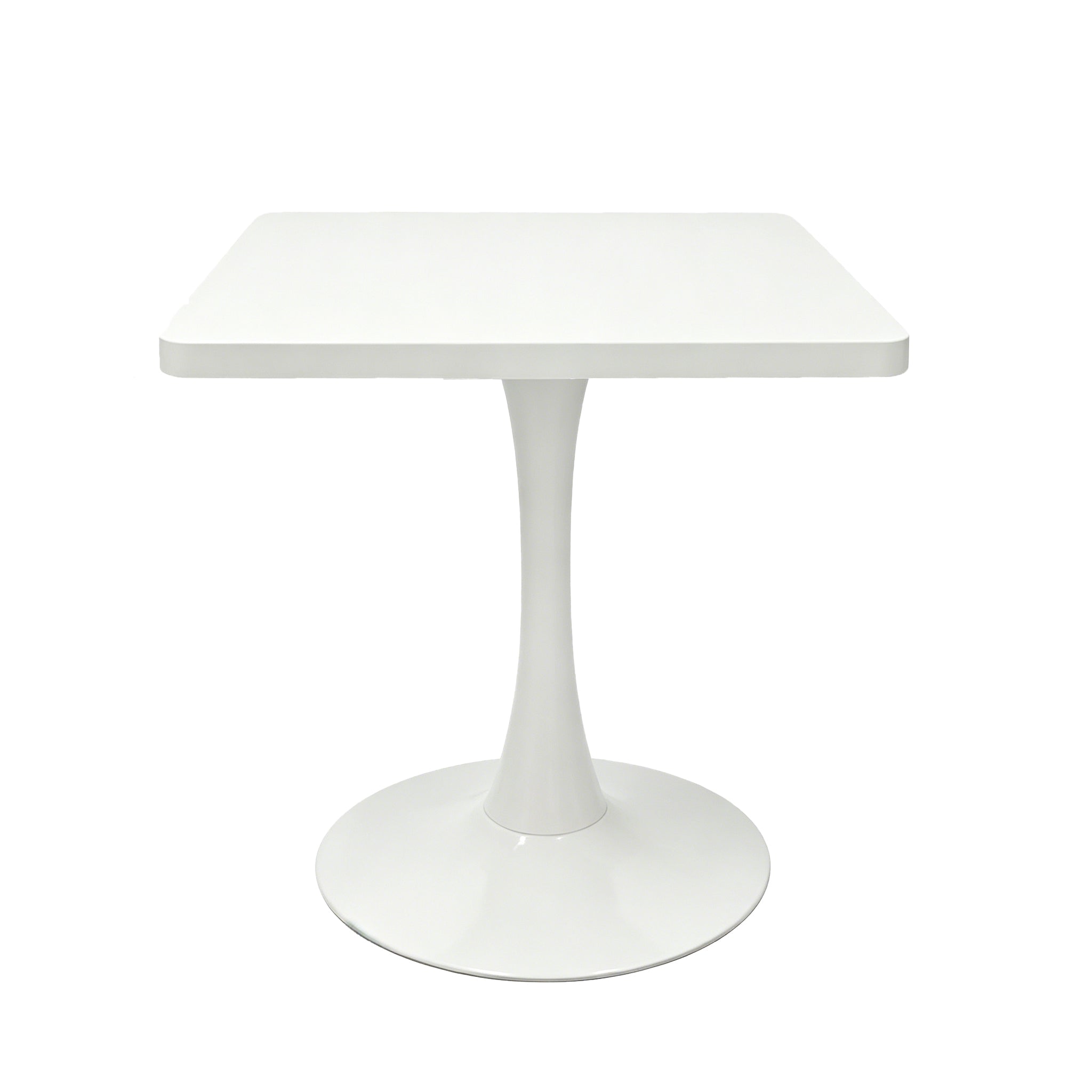 Front three-quarter product photo of the white square tulip bistro table on a plain white studio background