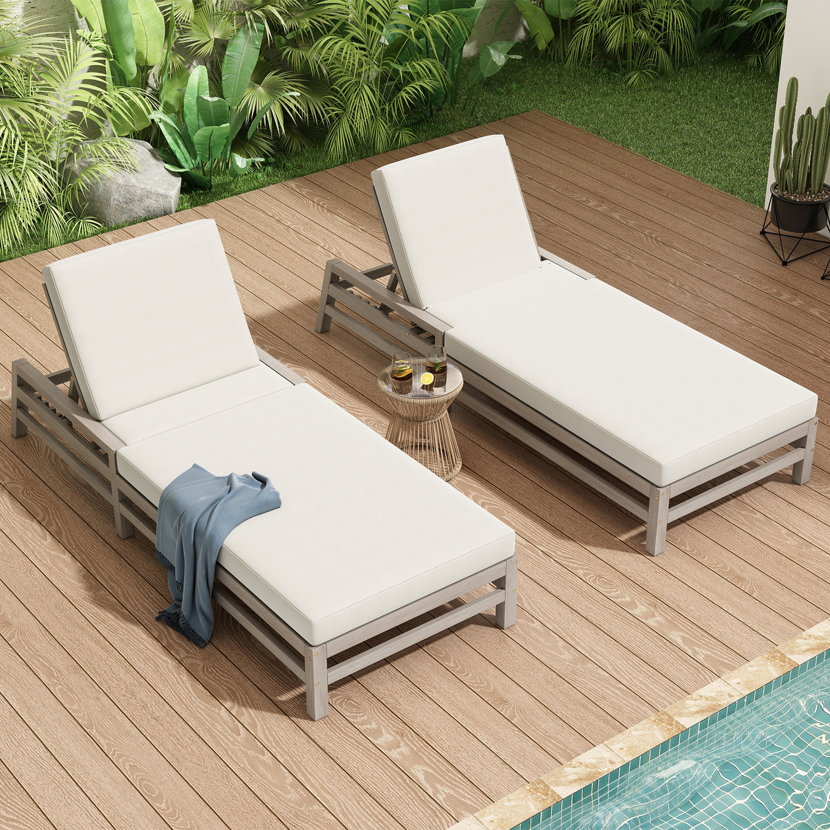 Gray Solid Wood Adjustable Outdoor Chaise Lounge with Cushions, Set of 2