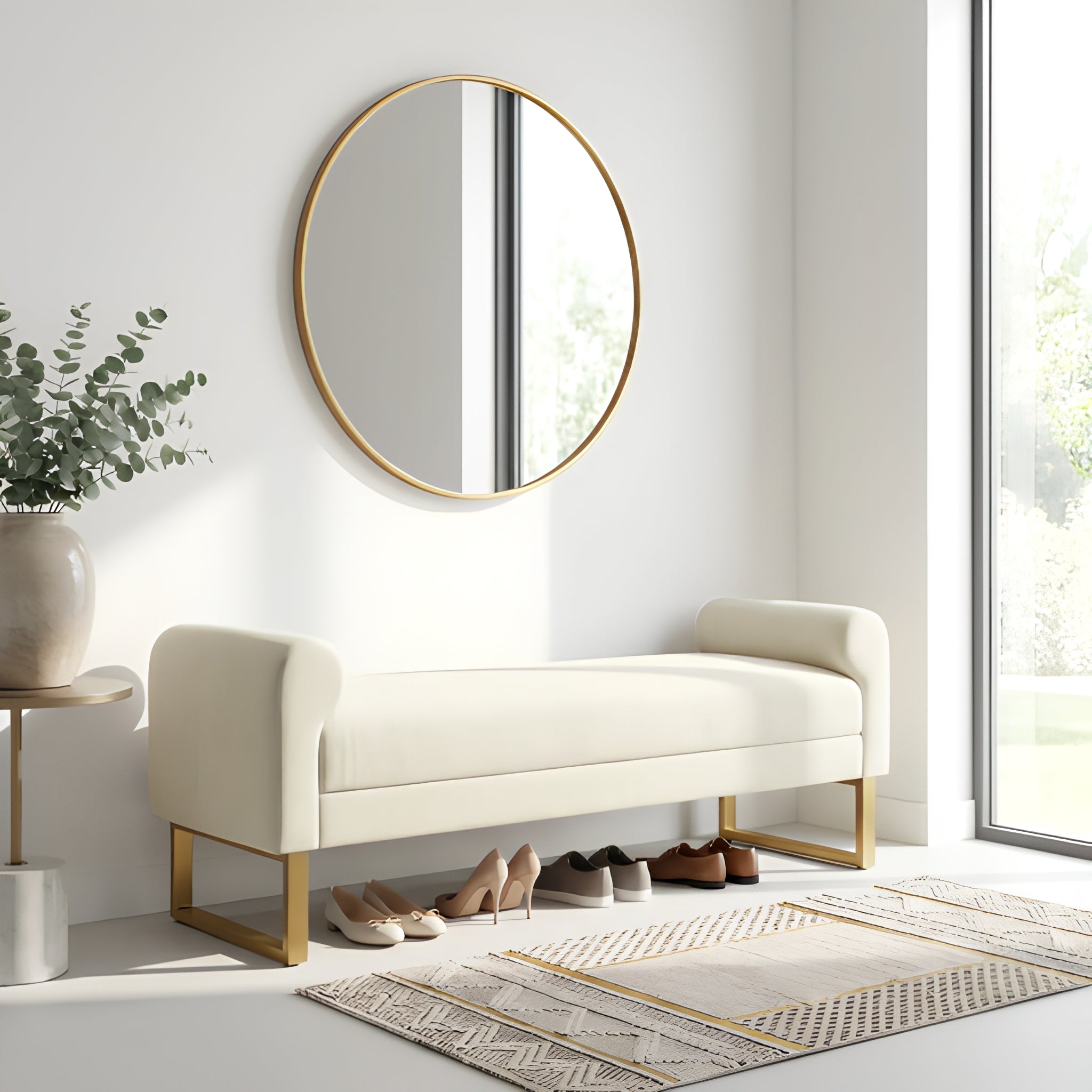 Chenille Bench 65 Inch, Cream With Rolled Arms and Gold Legs