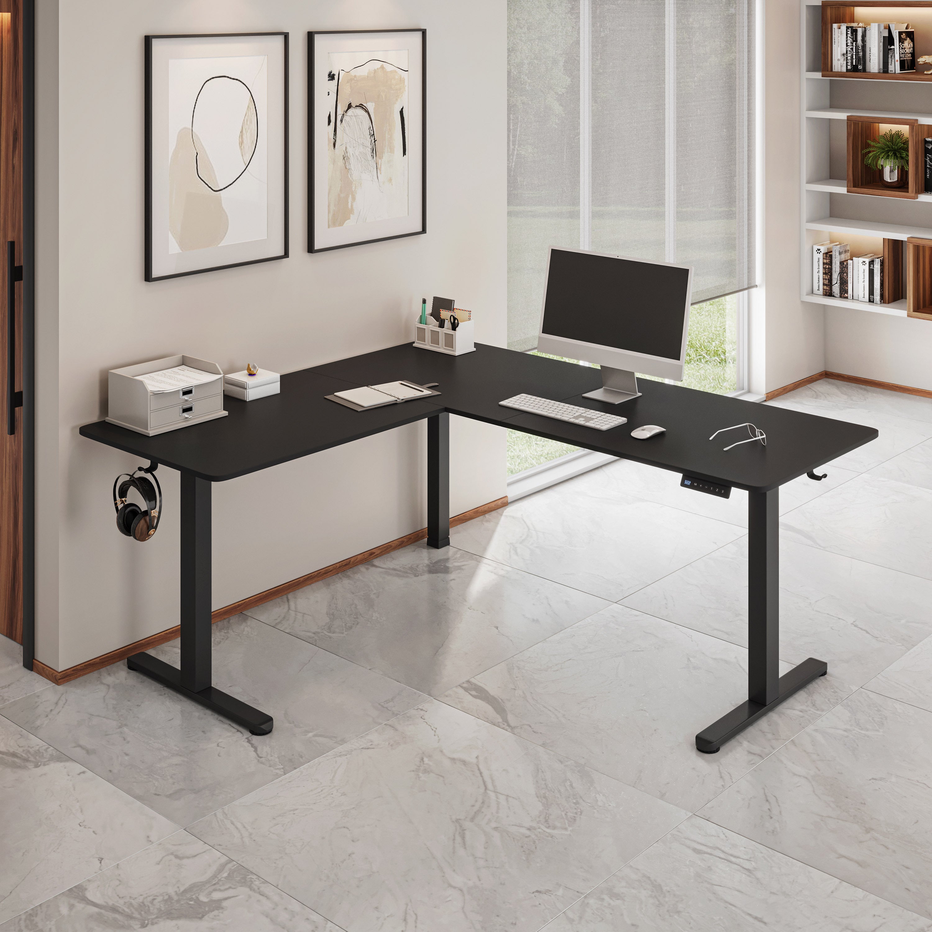 L-Shaped Height Adjustable Standing Desk, 63 in, Black