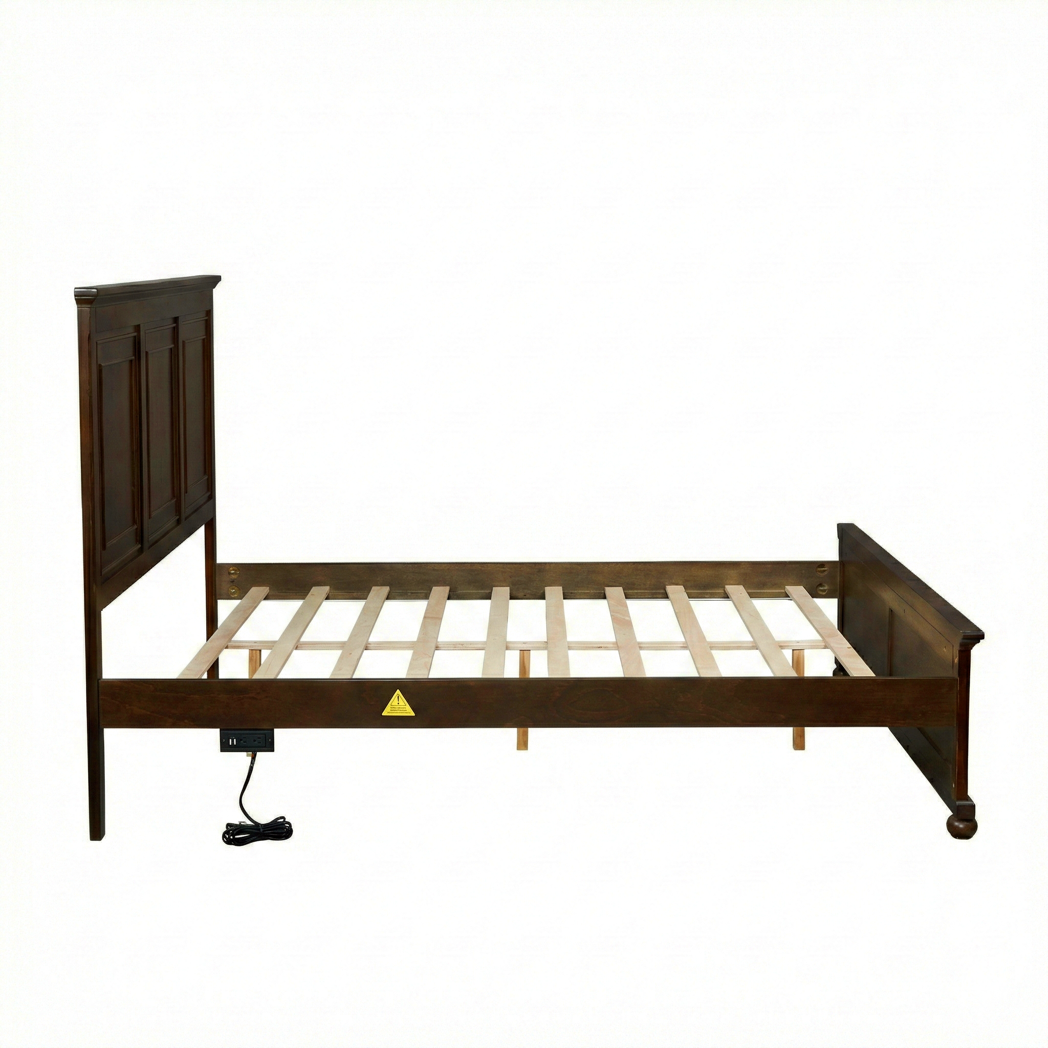 Side profile of the brown queen bed frame with the USB and outlet charging module and cord under the rail
