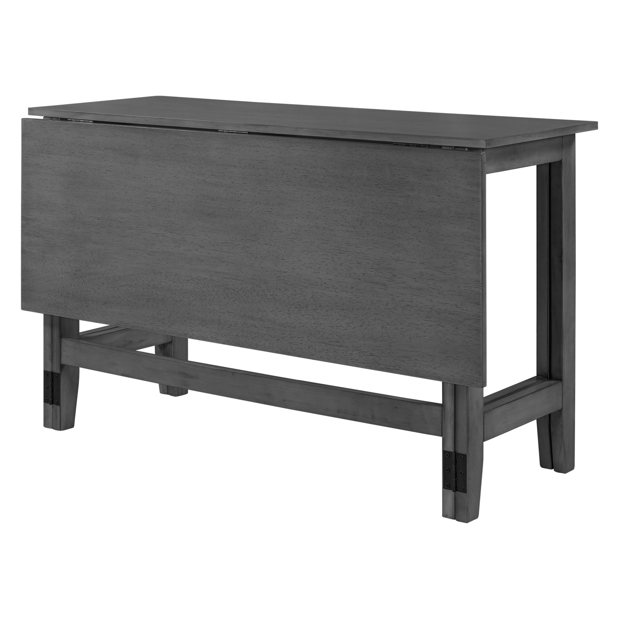 Three-quarter view of the gray drop-leaf table with a leaf lowered on a white background