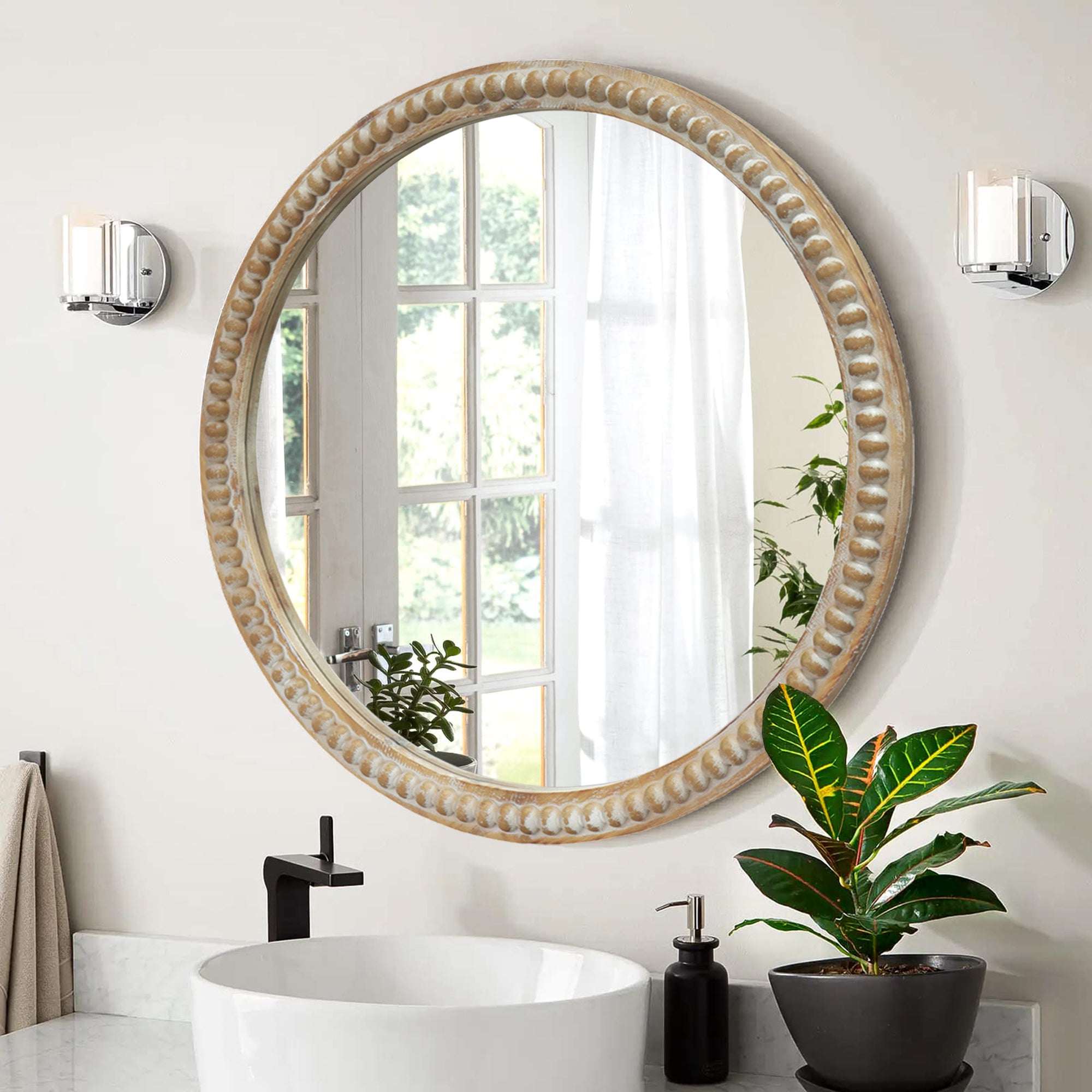 31.5 Inch Round Mirror, Distressed Beaded Farmhouse Frame
