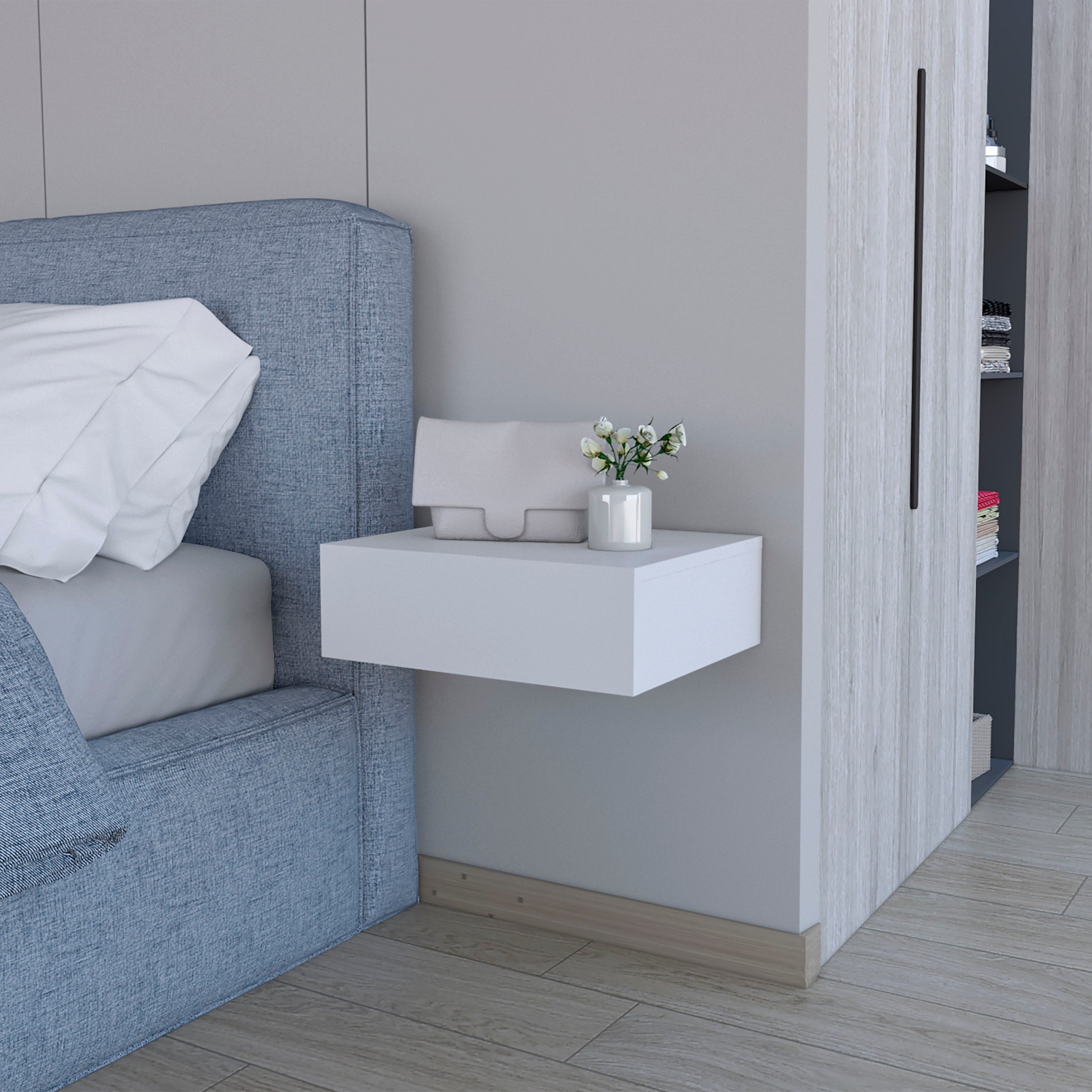 Floating Nightstand with Drawer, Wall Mounted, White