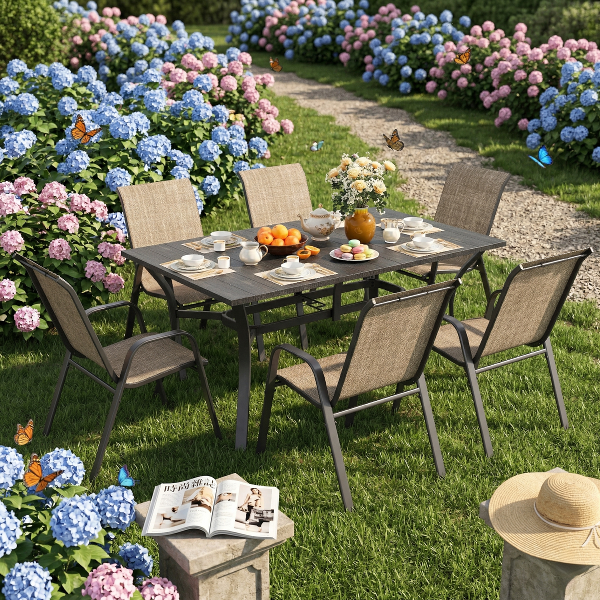 Metal 7-Piece Patio Dining Set for 6 with Umbrella Hole, Black and Brown