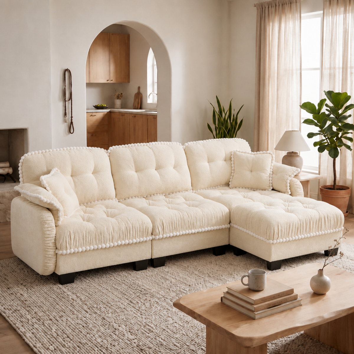 Cream Chenille Sectional Couch with Ottoman