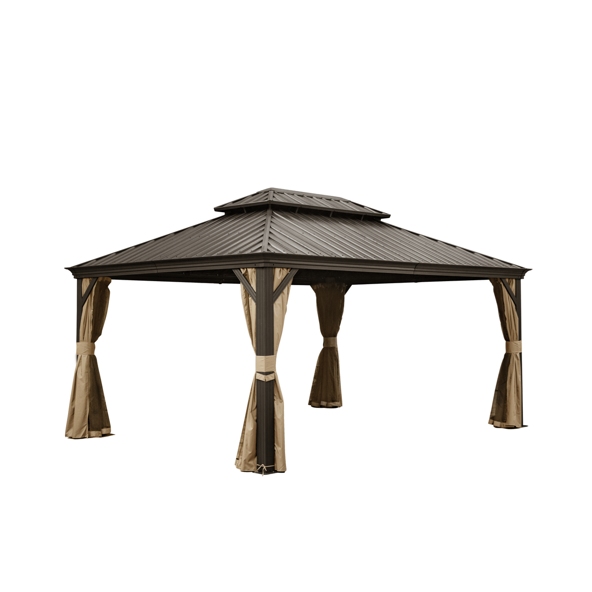 12x16 ft Brown Aluminum Hardtop Gazebo with Netting and Curtains