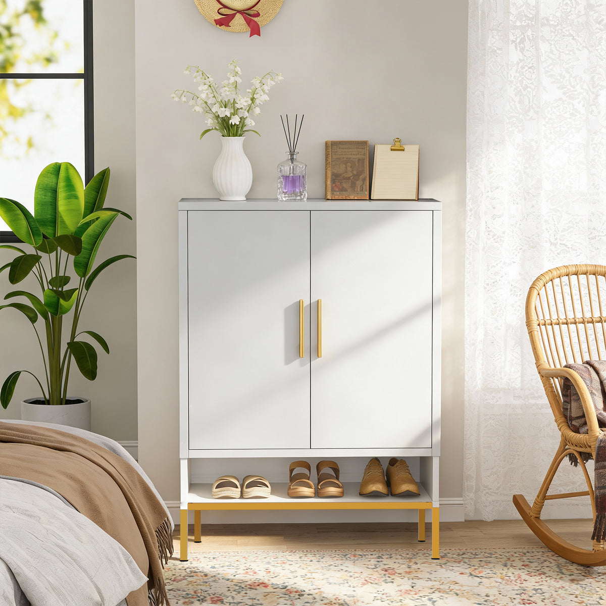 White Storage Cabinet with Doors, 31.5 in Wide