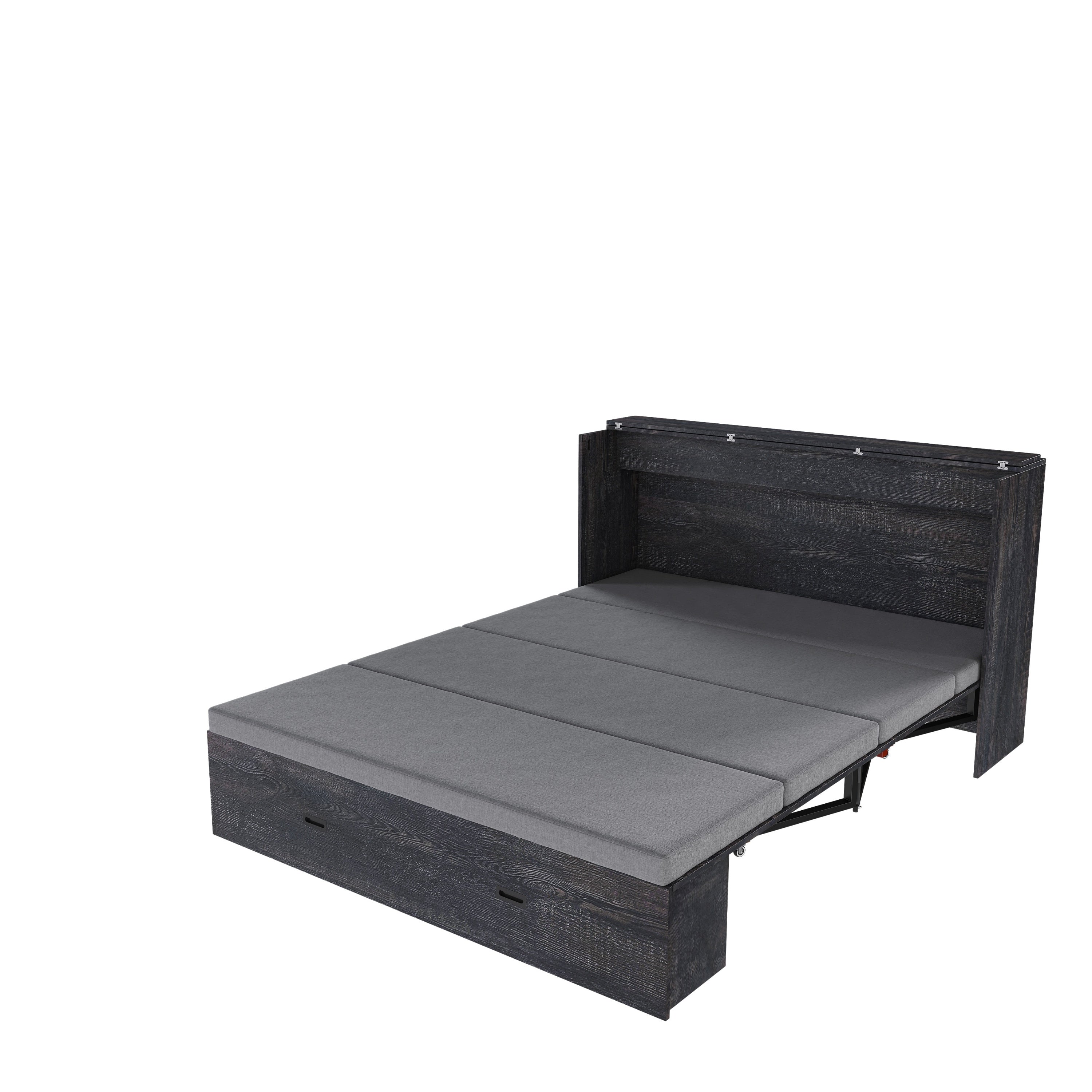 Black Murphy Bed with Storage Drawers and Swivel Wheels