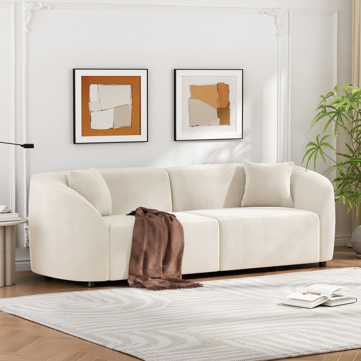 Beige Velvet 3-Seat Curved Sofa, 87.5 in Wide
