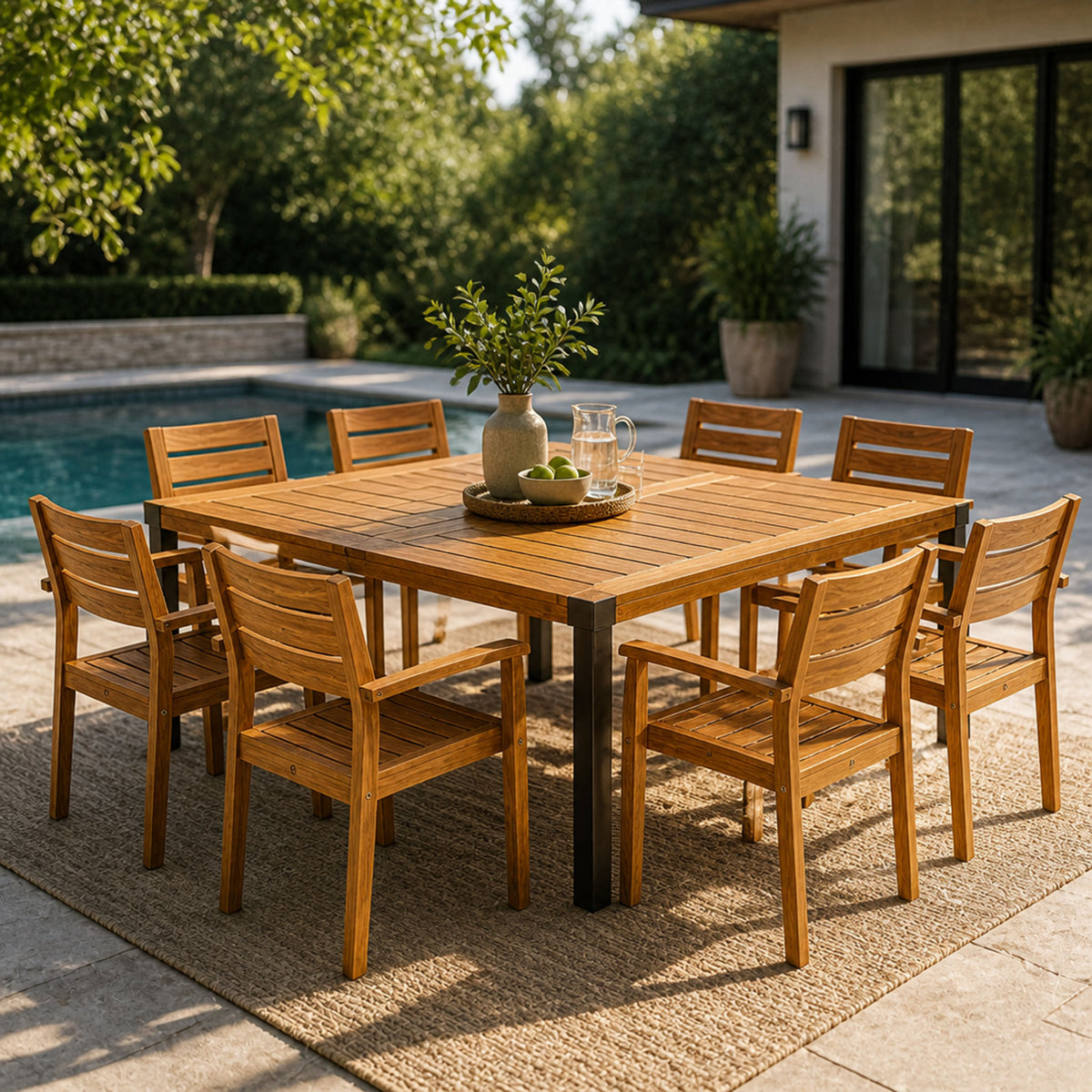 Teak Finish Solid Wood Patio Dining Set for 8, Slatted