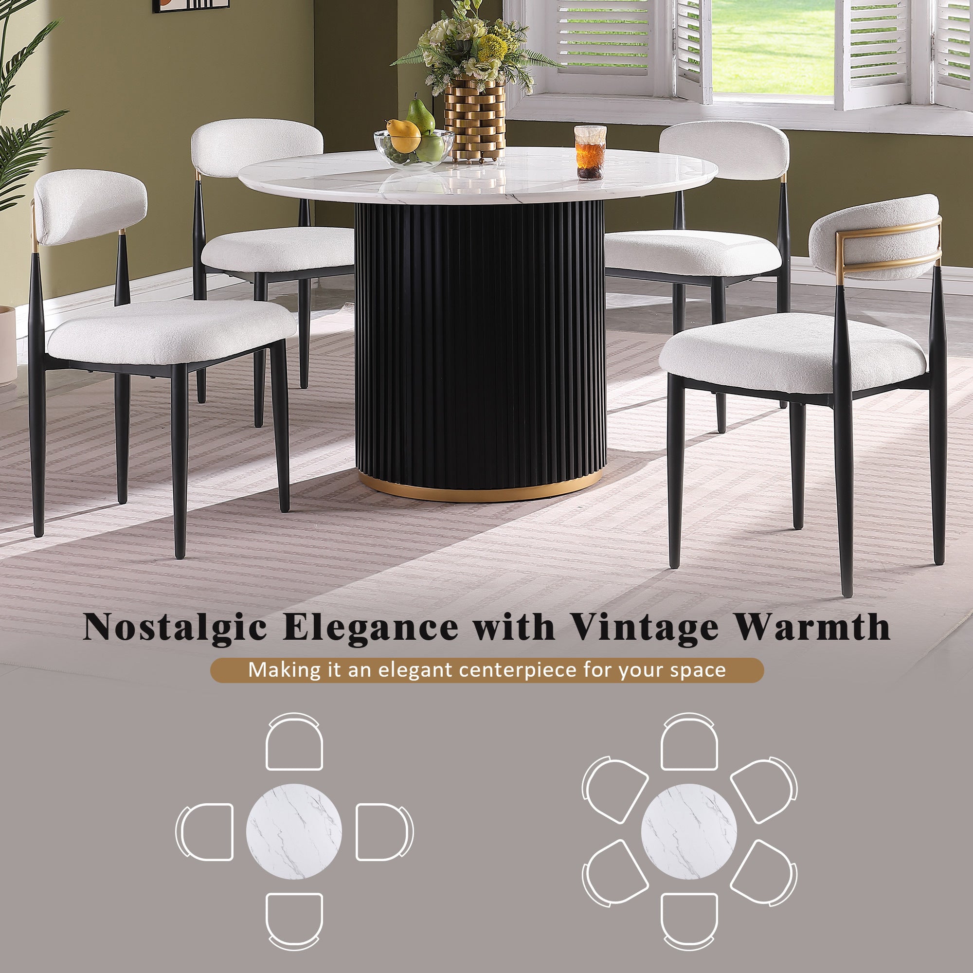 Styled dining room with the round marble table and four white boucle chairs, plus seating diagram