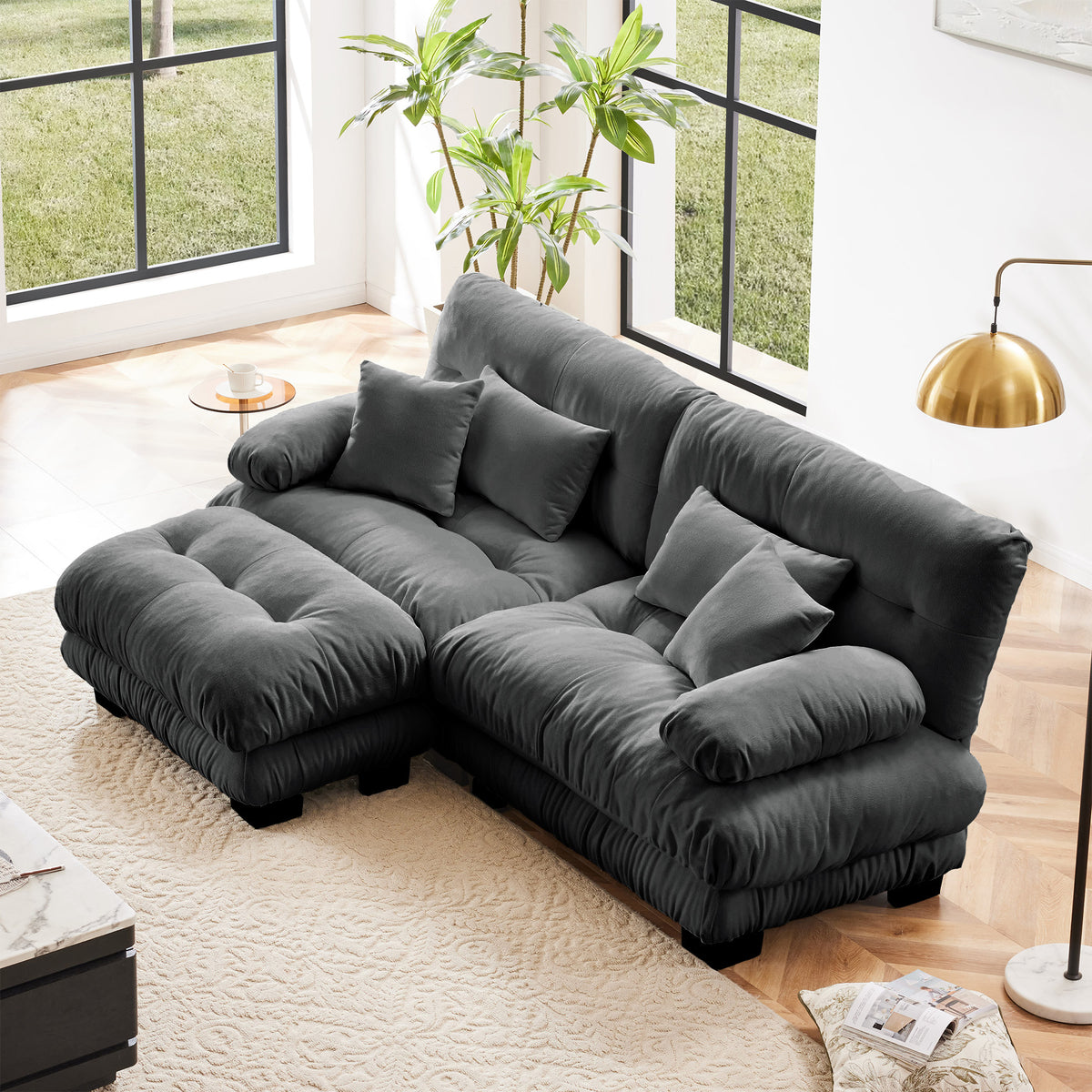 Gray Chenille 2-Seat Couch with Ottoman