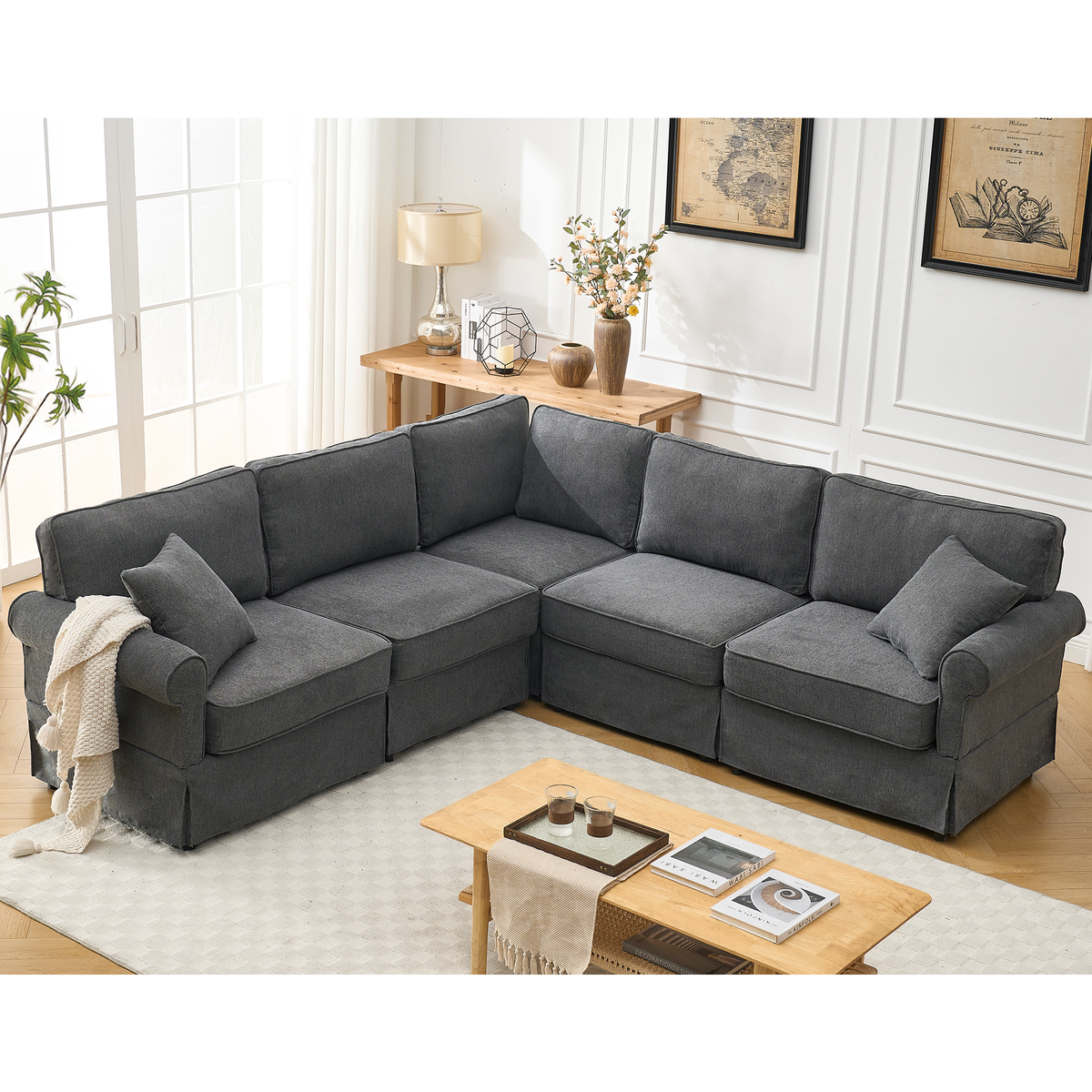 Dark Gray L-Shaped Modular Sectional Couch, 94 in Wide