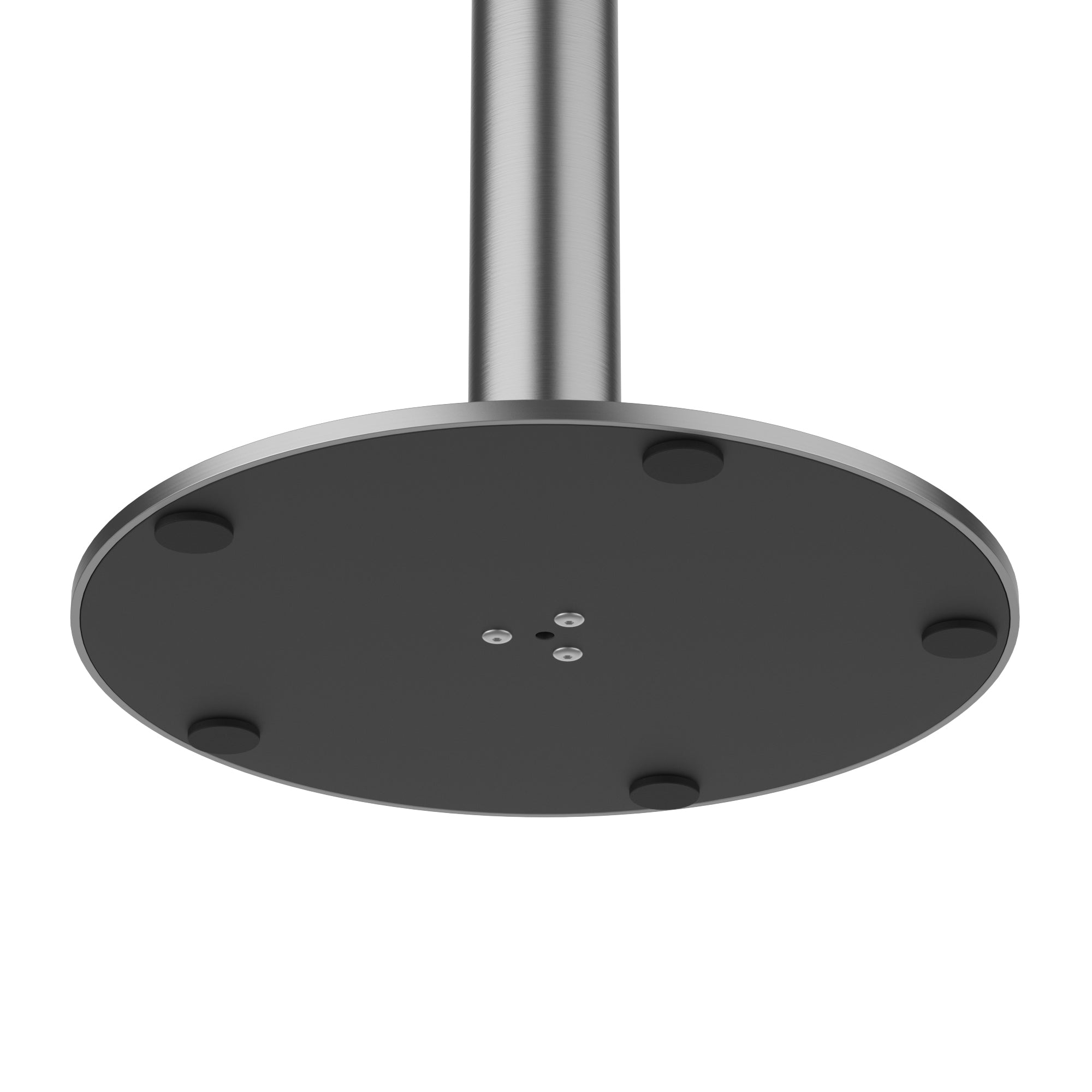 Underside of the base showing the black mounting plate with leveler pads and center screws
