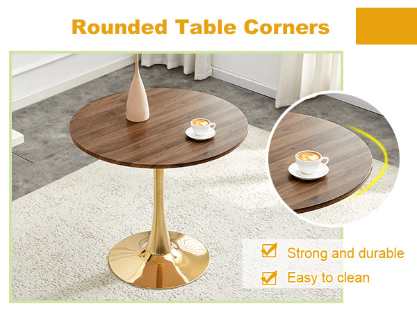 Feature graphic titled rounded table corners showing the walnut top with a zoom inset, strong and durable