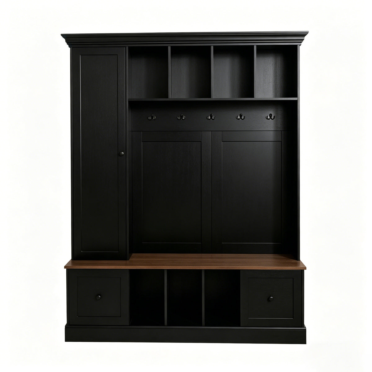Black Hall Tree with Bench and Shoe Storage, 62.2 in Wide