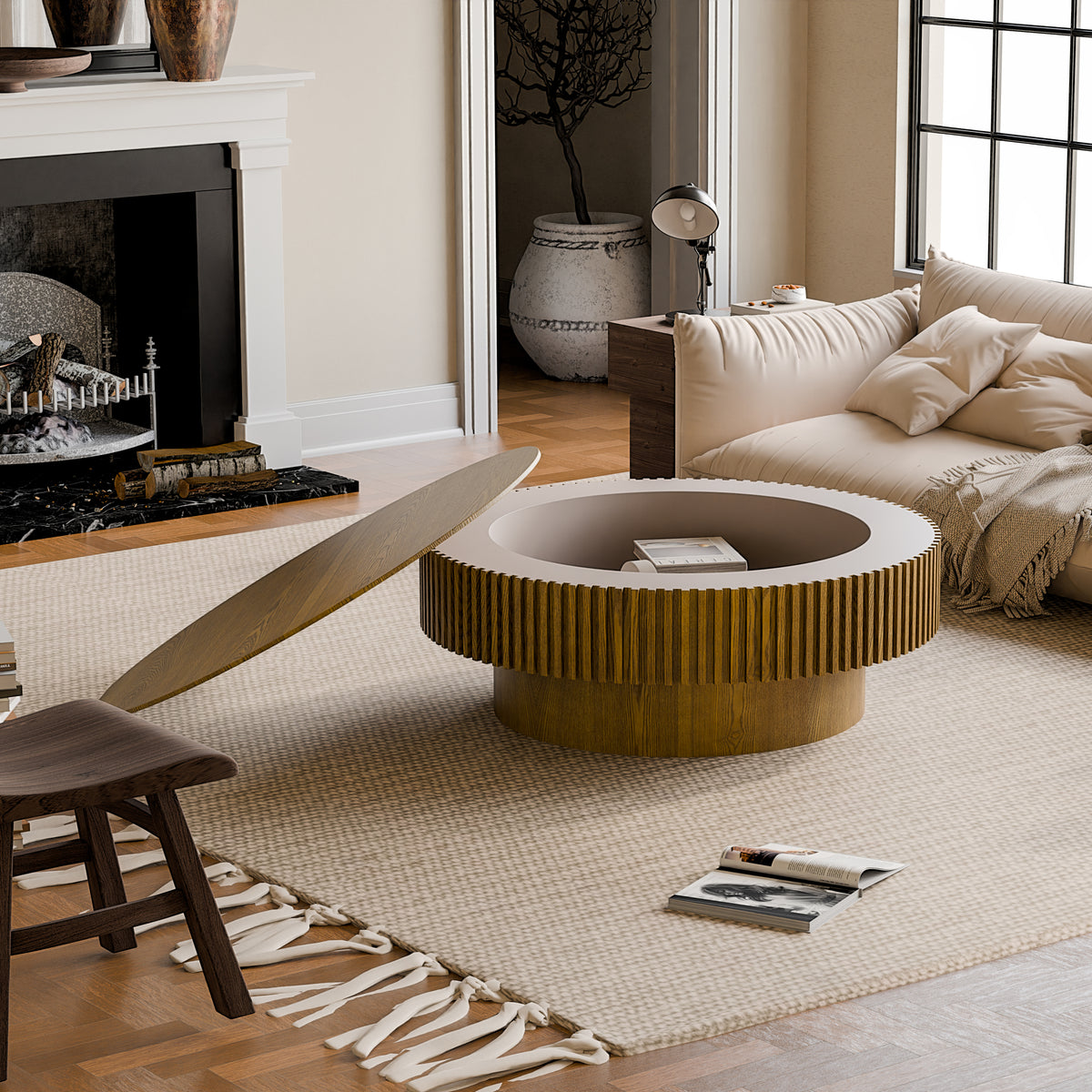 Brown Round Coffee Table with Storage, 39.4 in, 13.8 in Tall