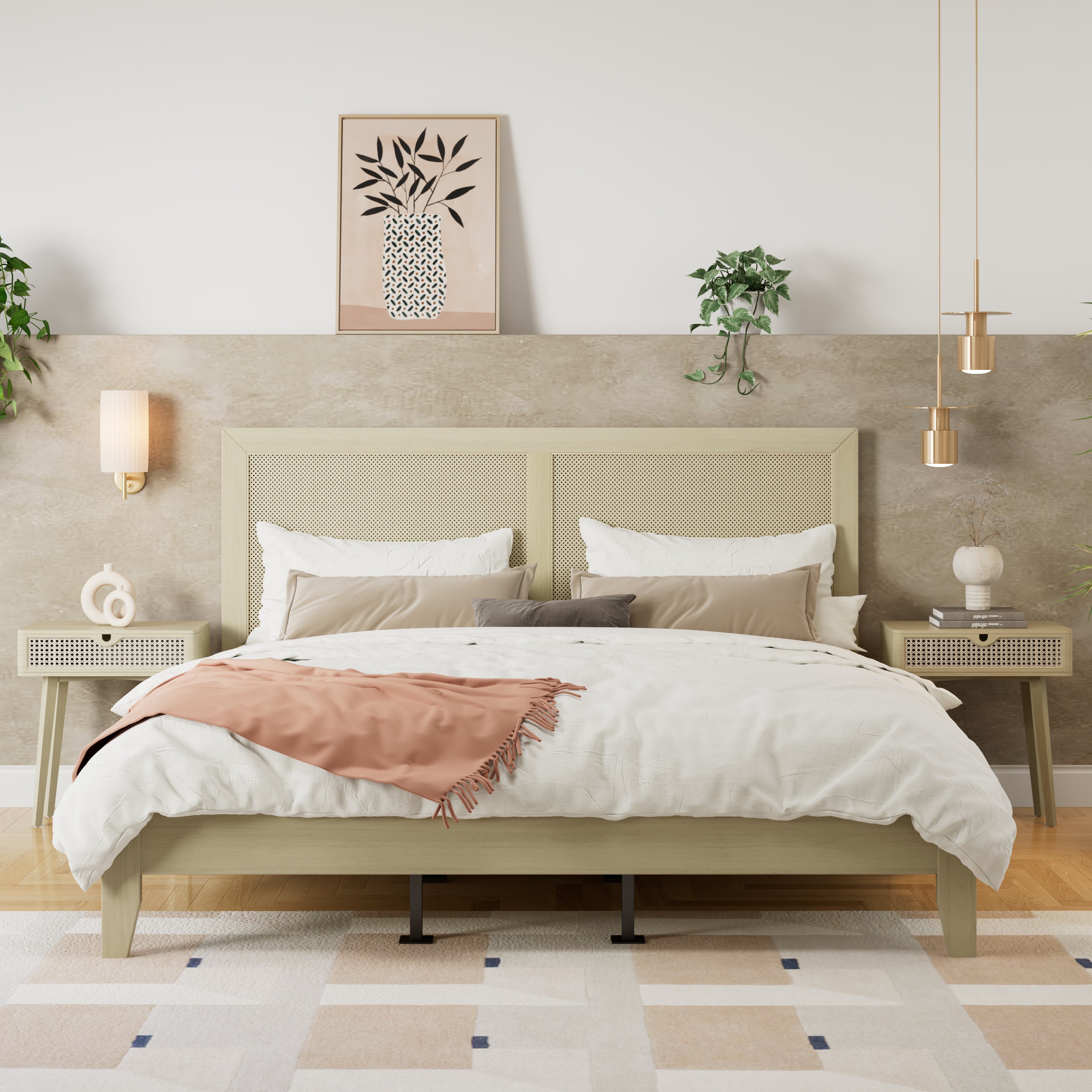 Solid Wood King Bed Frame with Cane Headboard, Natural