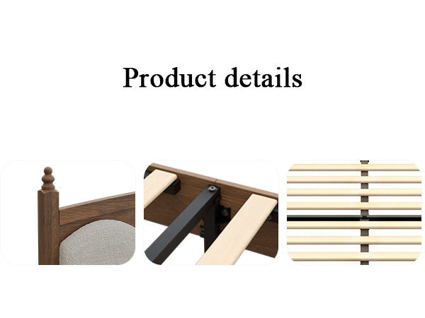 Product detail close-ups: finial post with padded headboard, metal support bar and wood slat base