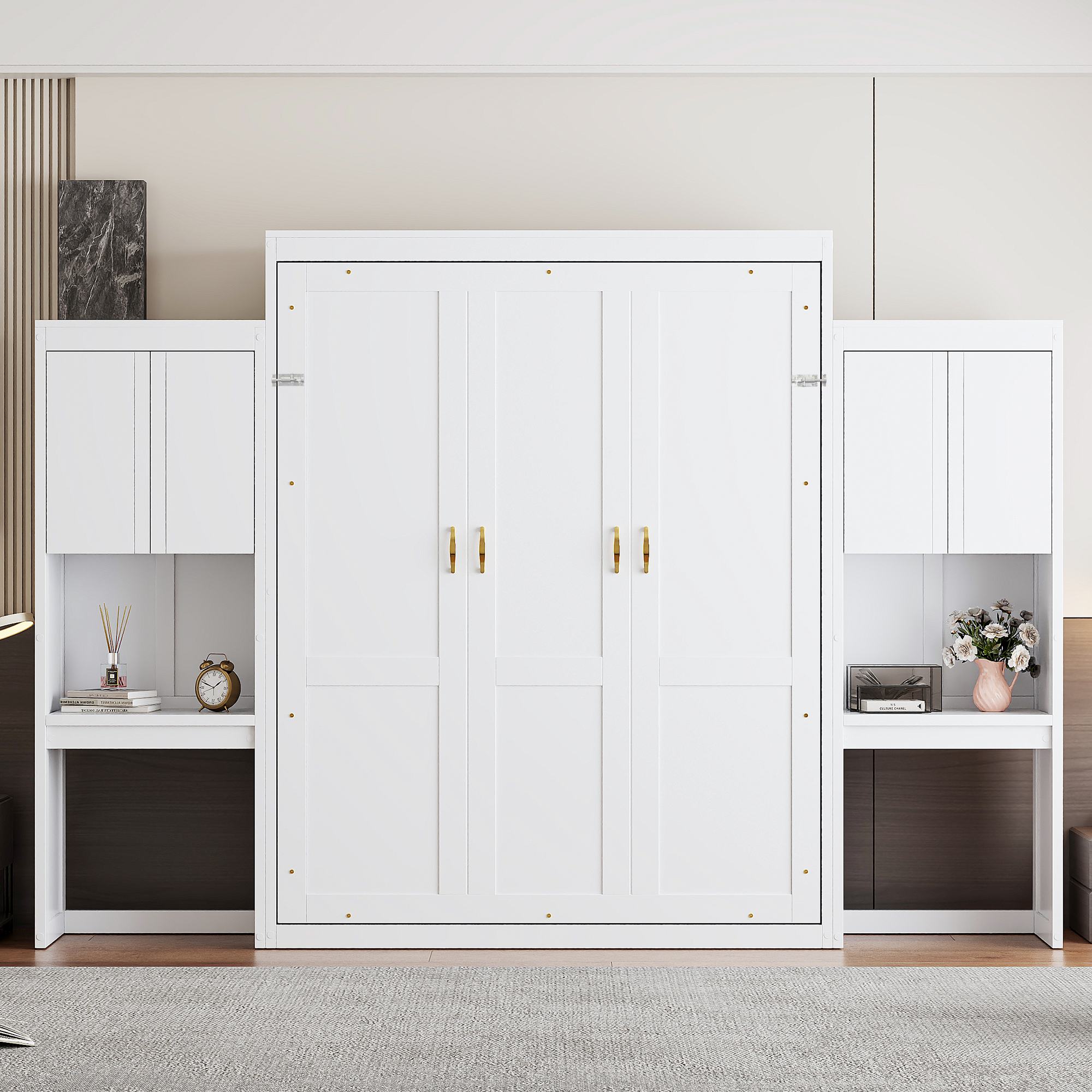 Queen Murphy Bed with Desk, Vanity and Cabinets, White
