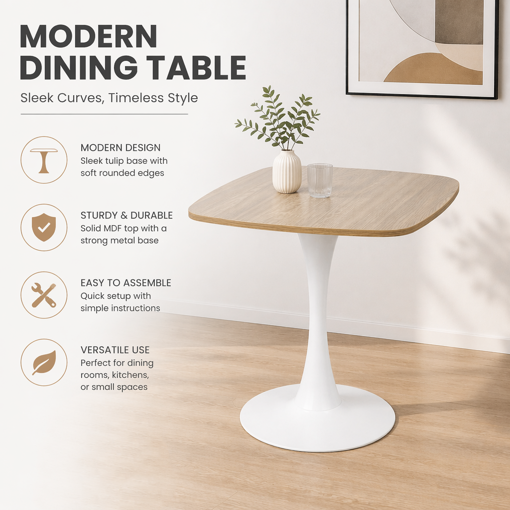 Feature graphic for the square tulip bistro table listing modern design, sturdy, easy assembly and versatile use