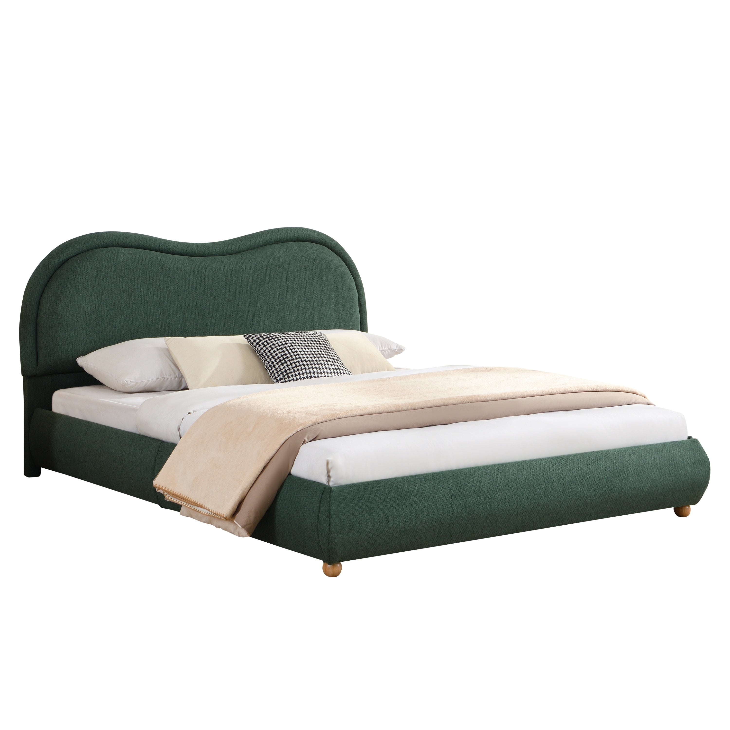 Bare olive green queen upholstered bed frame at an angle showing the wood slat platform and round feet #Color_Olive Green