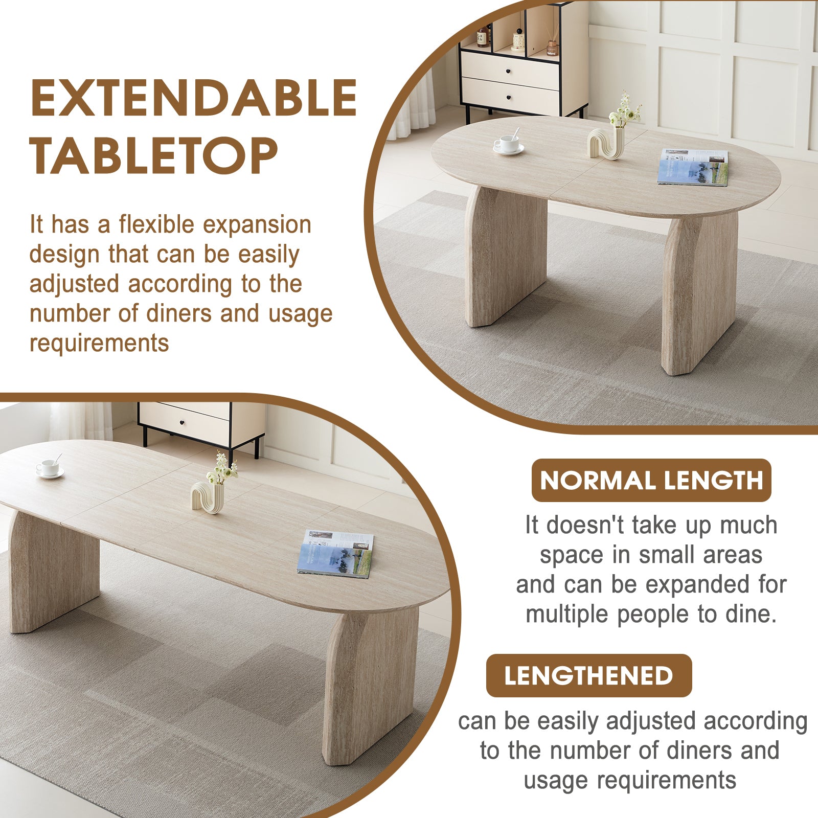 Extendable tabletop graphic comparing the oval table at normal length and lengthened