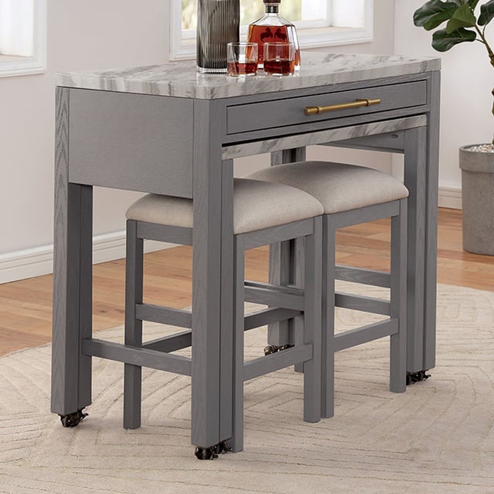 Counter Table, Modern Marble-Look with Nesting Table and Drawer, Gray
