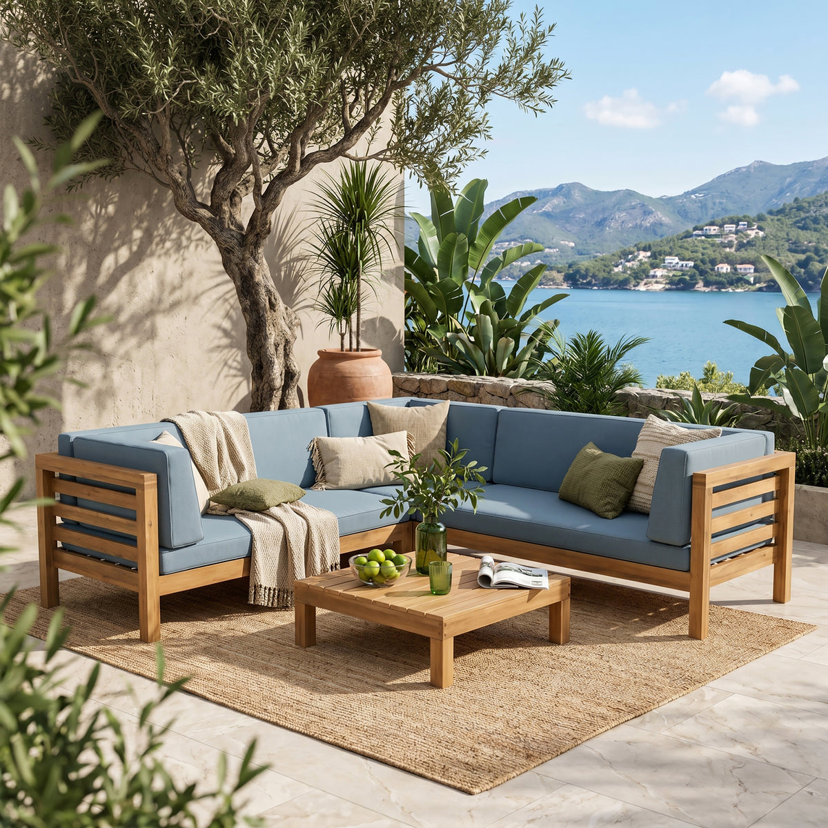 Solid Wood Outdoor Sectional Set with Blue Cushions