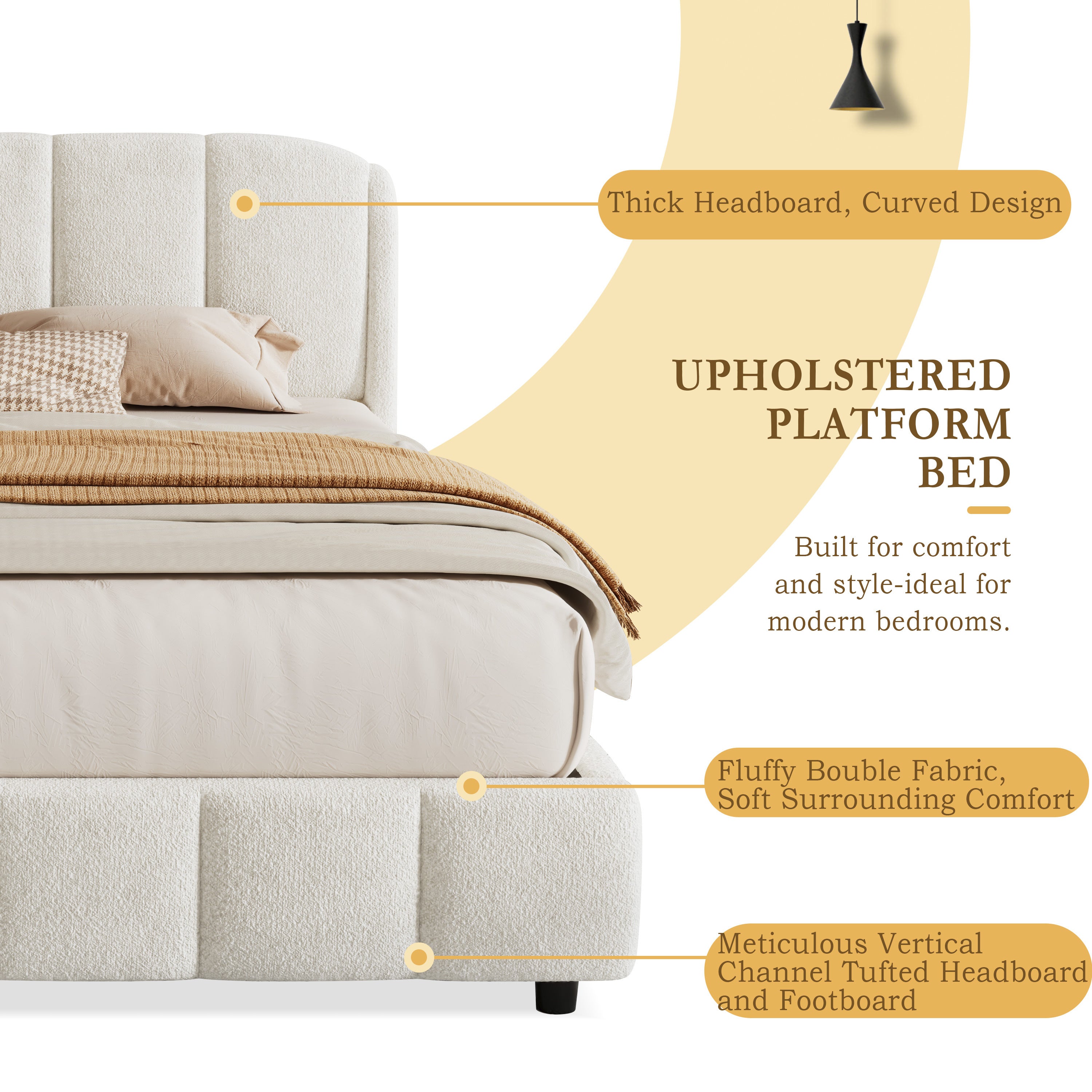 Graphic highlighting curved headboard and channel-tufted design details