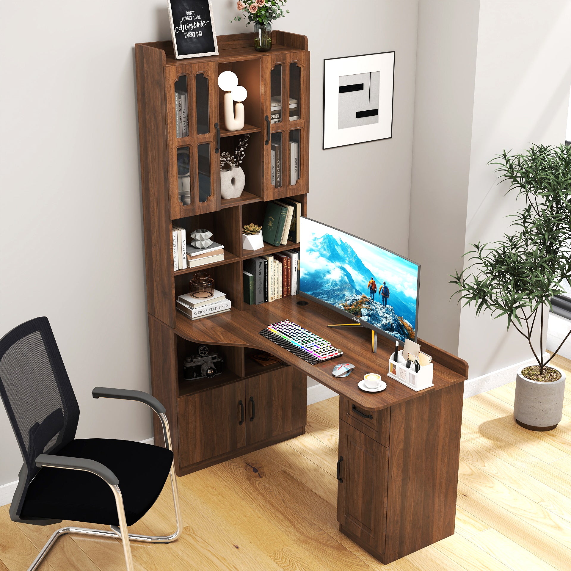 L-Shaped Modern Computer Desk with Hutch, Workstation, 52.6 in