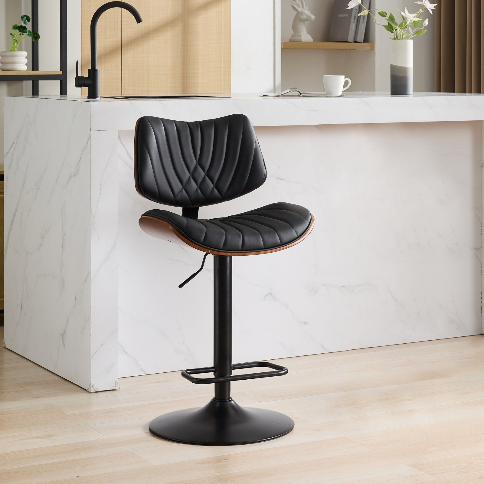 Walnut Bentwood Swivel Bar Stool, Black Vegan Leather, Adjustable