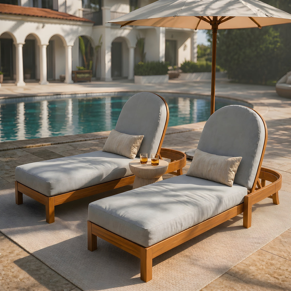 Teak Finish Solid Wood Adjustable Outdoor Chaise Lounge, Set of 2