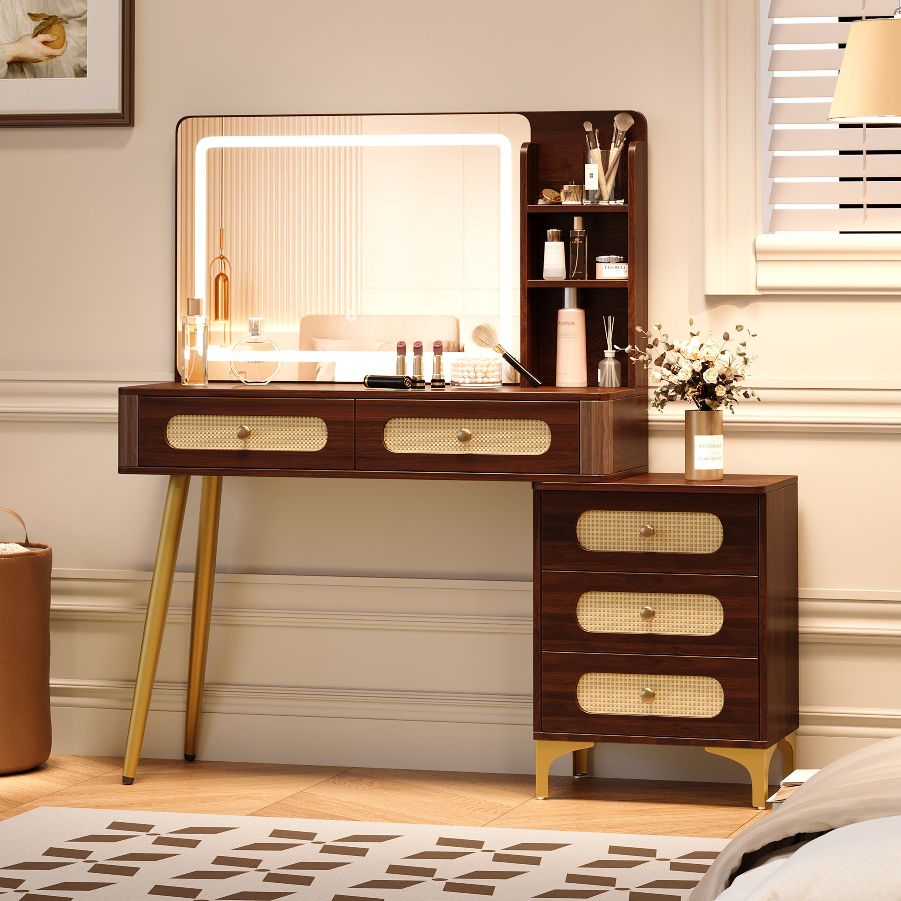 Rattan Vanity Desk with Lighted Mirror and 5 Drawers