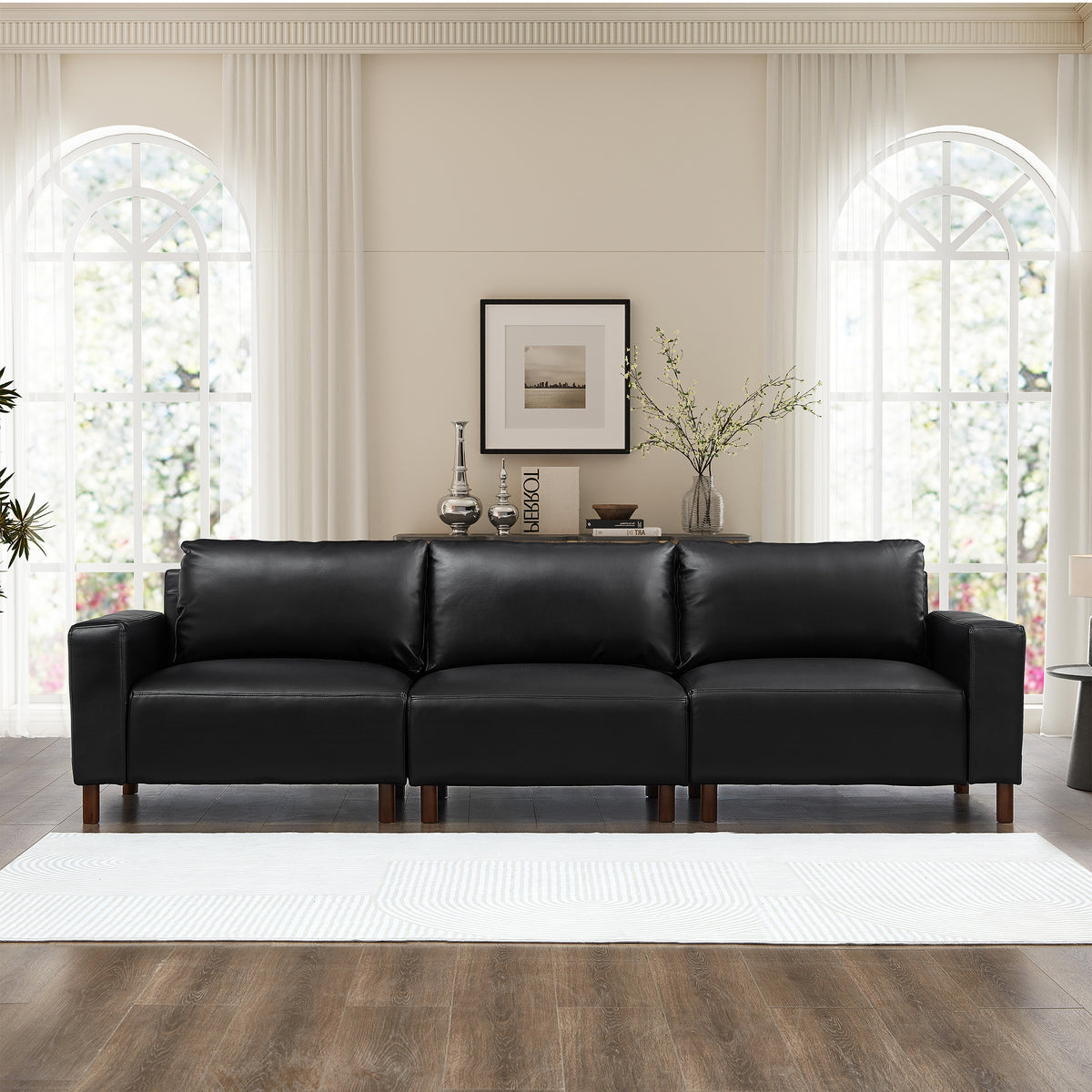Black Vegan Leather 3-Seat Couch, 112 in Wide