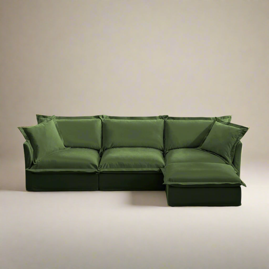 Fluffy Chenille 3-Seat Sofa – Olive with Ottoman, Washable