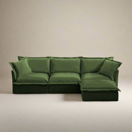 Fluffy Chenille 3-Seat Sofa – Olive with Ottoman, Washable