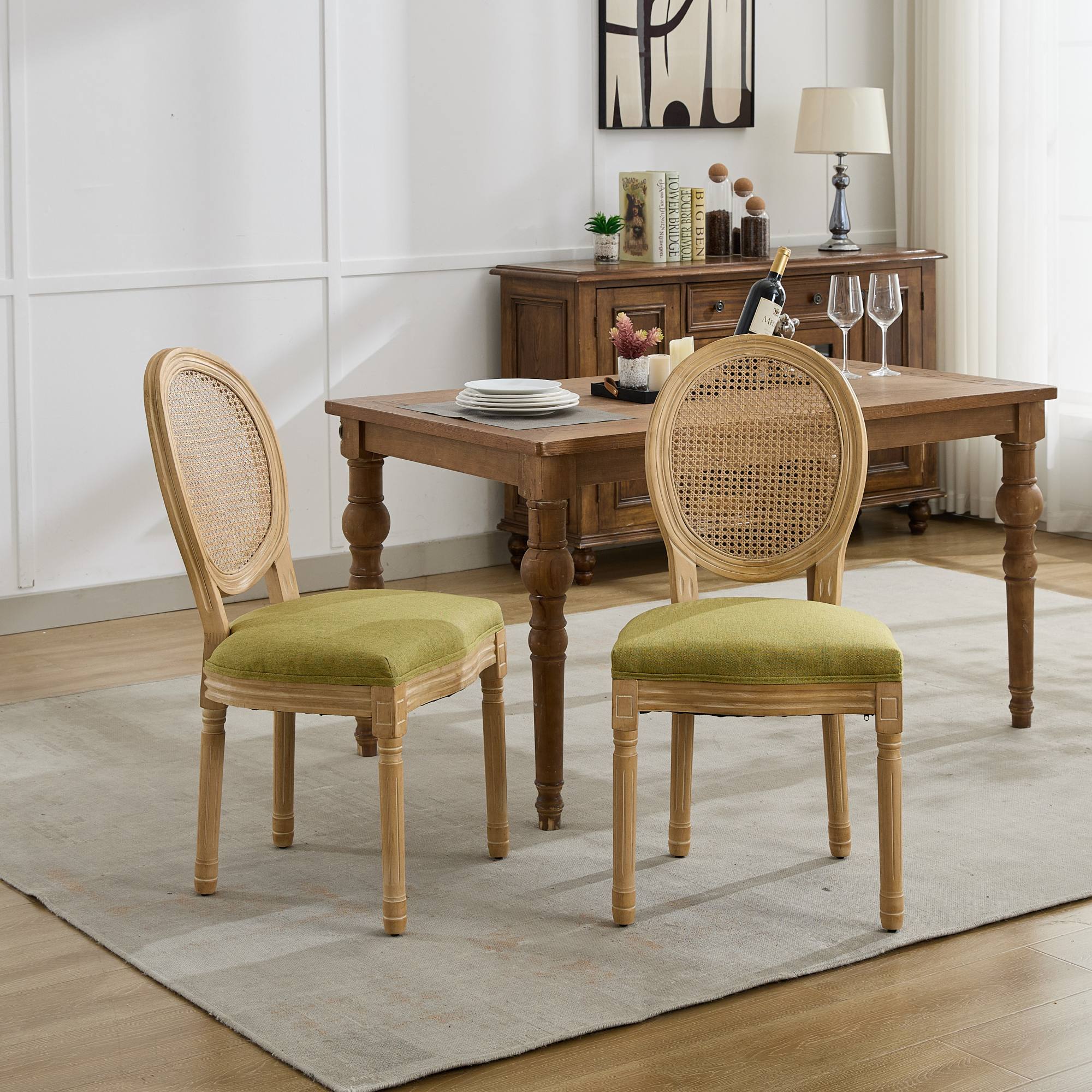 French Cane-Back Dining Chairs Set of 2, Green Linen Seat