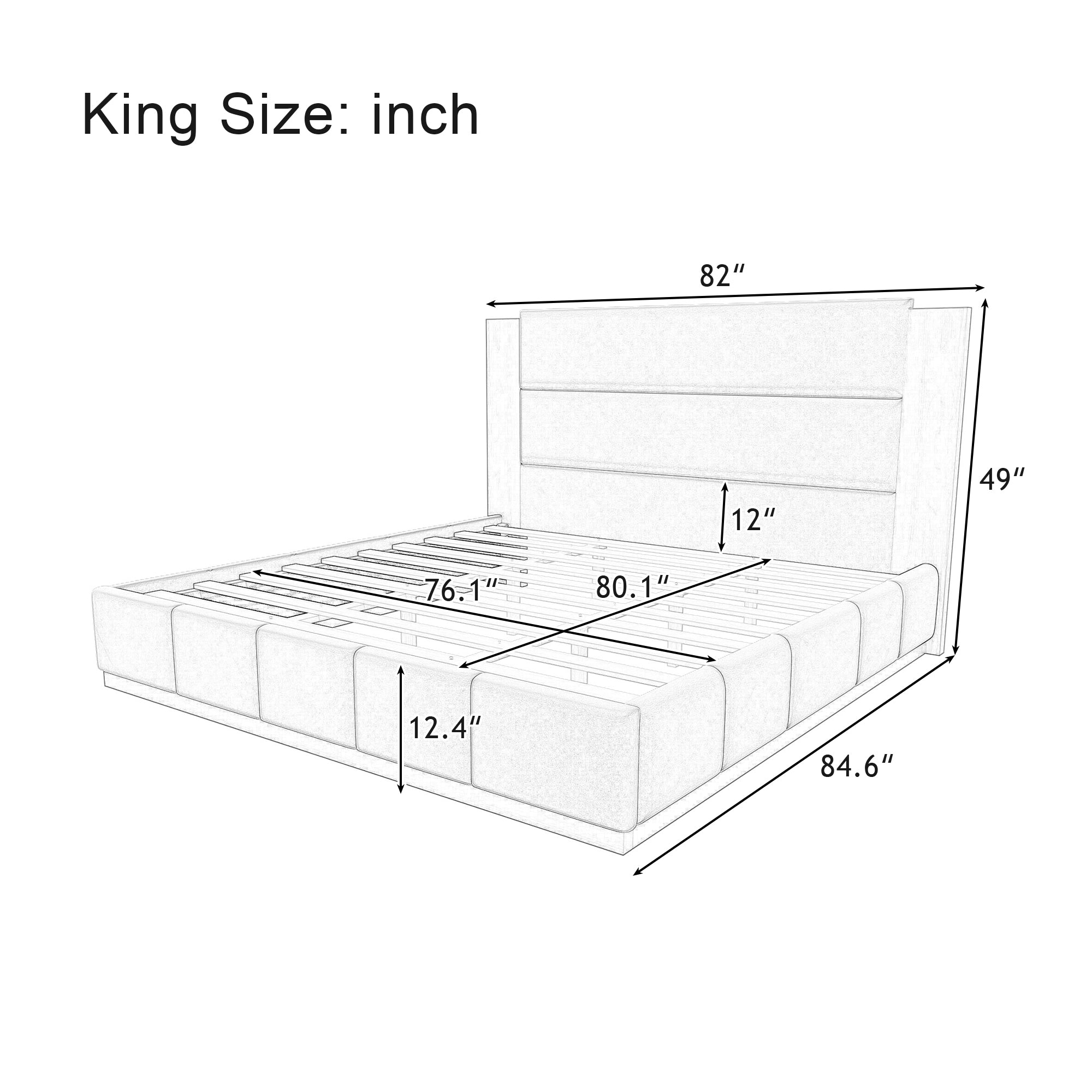 Close-up of wood slat mattress support under white boucle bed frame