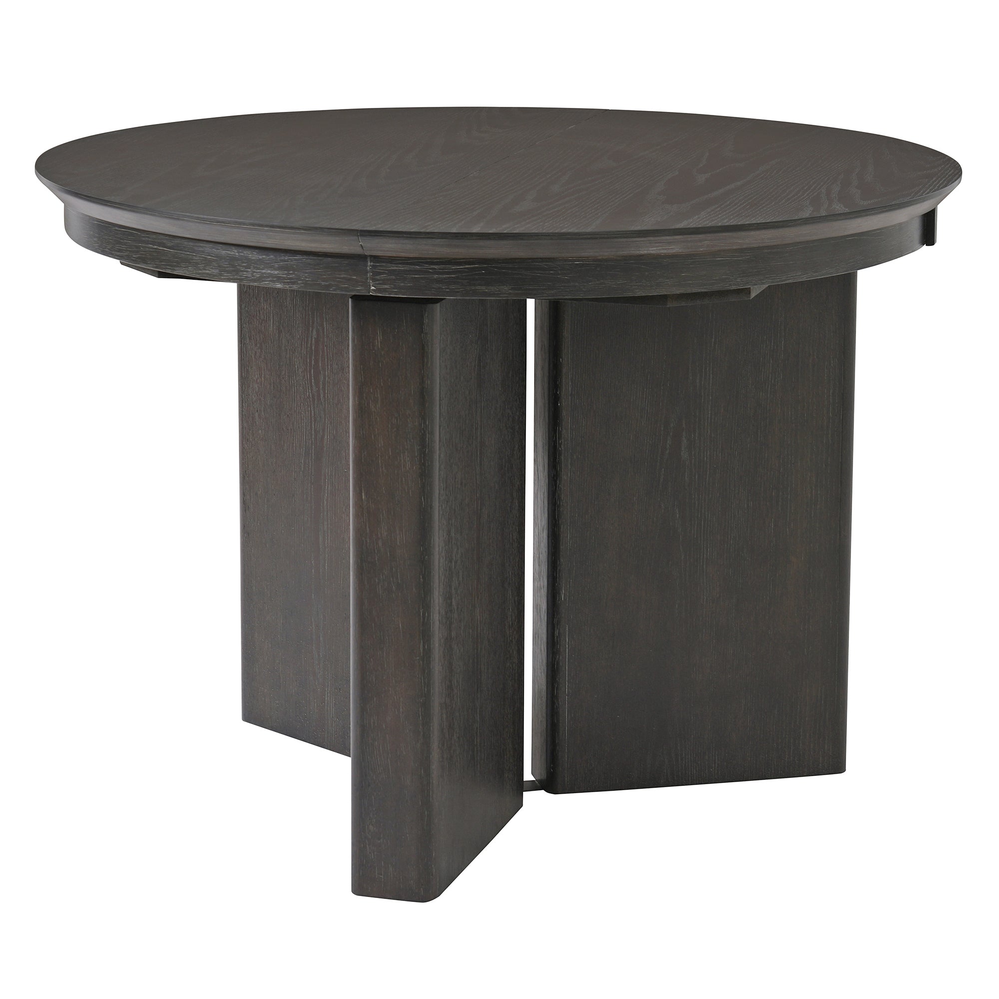 Three-quarter studio view of espresso oval extendable dining table on crossed panel pedestal base