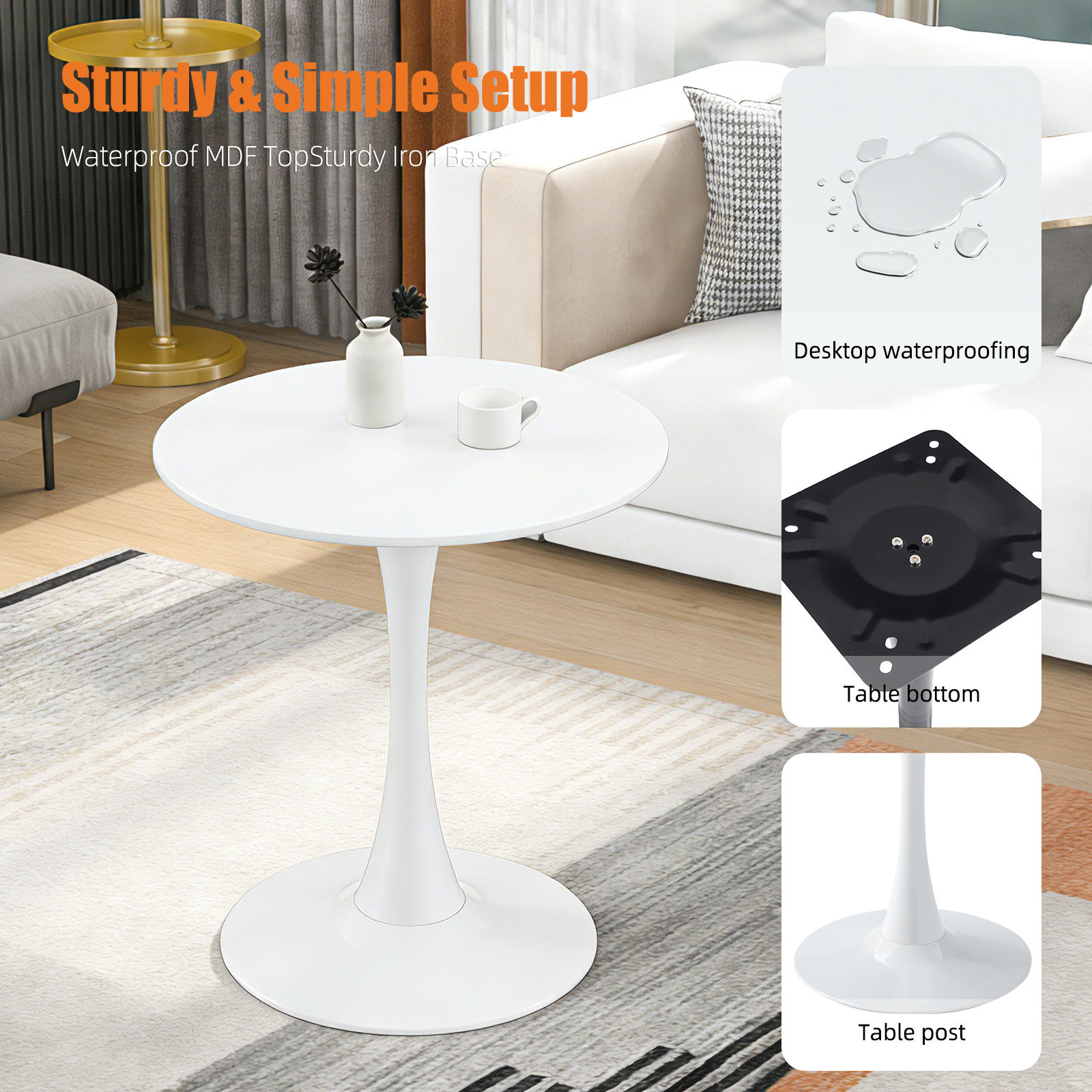 Feature graphic of the white round bistro table with close-ups of the waterproof top, base plate, and post