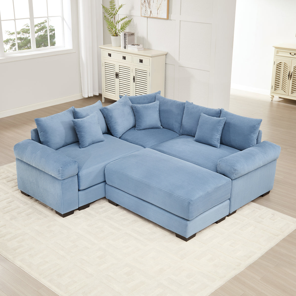 Blue Corduroy Modular Sectional with Ottoman, 3-Seat