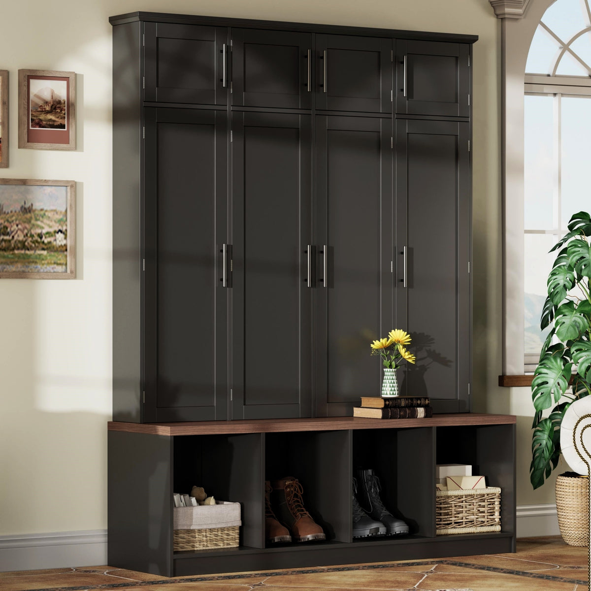 Black Hall Tree with Bench and Shoe Storage, 59 in Wide, 75 in Tall
