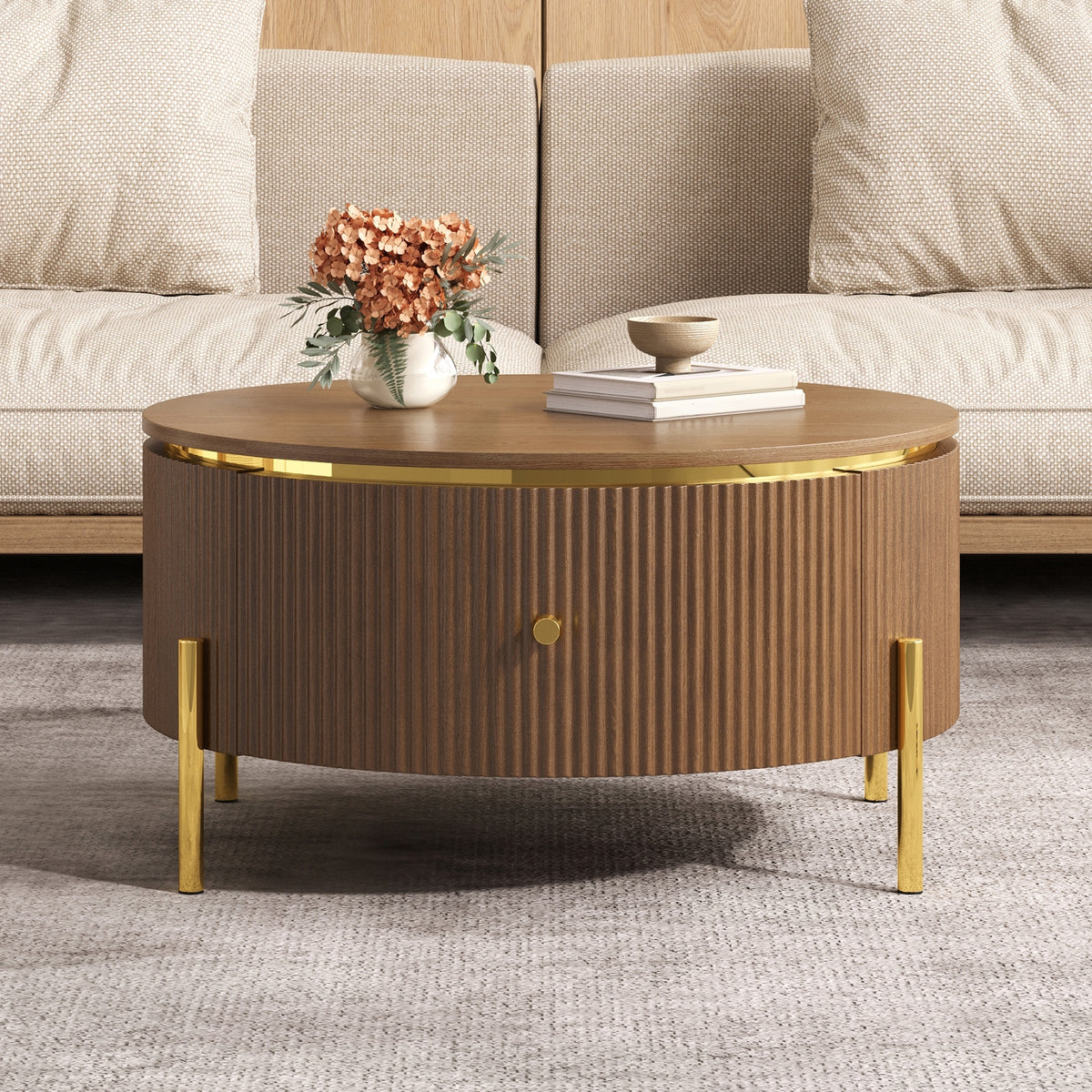 Brown Round Coffee Table with Storage, 31.5 in, 17.1 in Tall