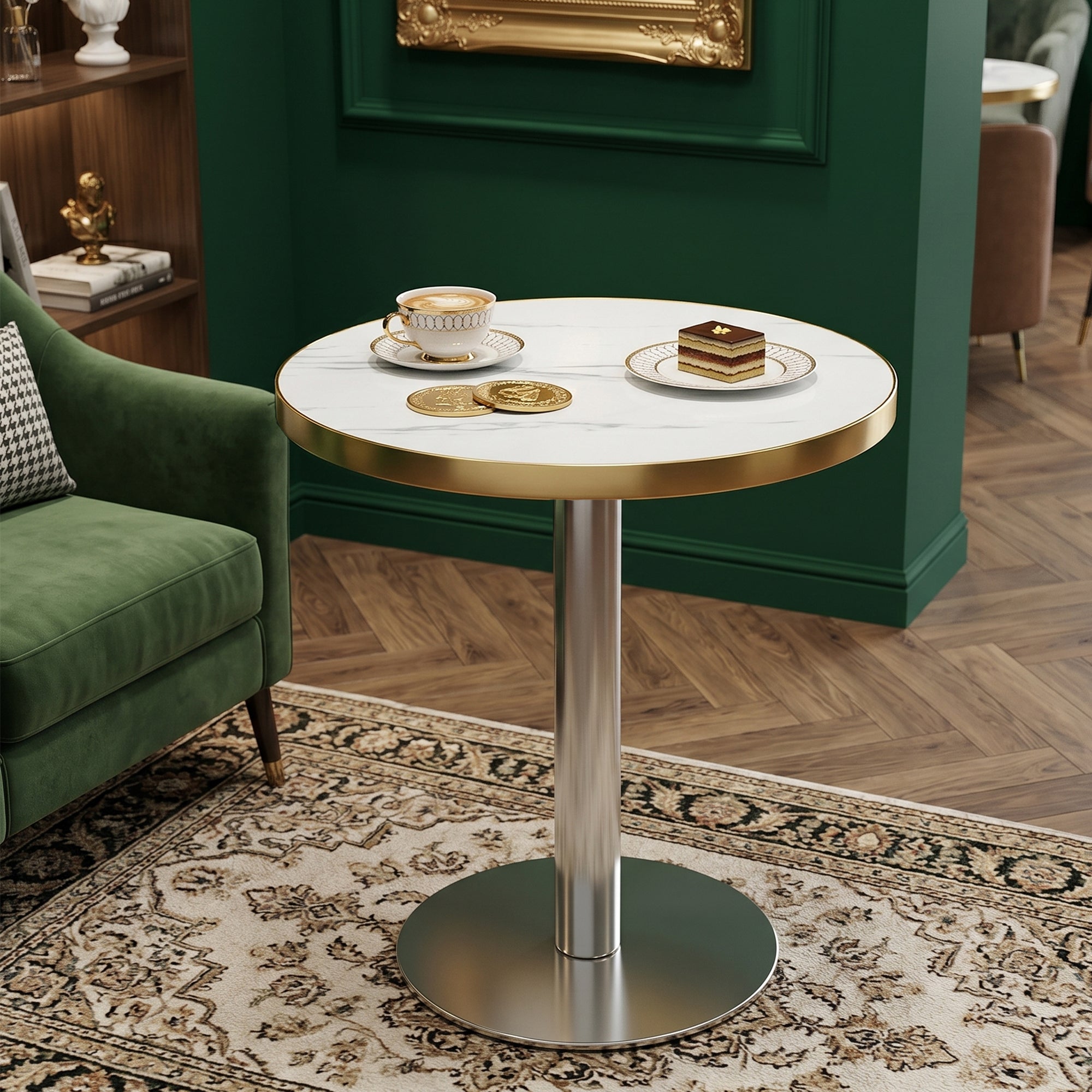 White faux marble gold-trim bistro table in a green room, styled with a coffee cup, cake and gold coins