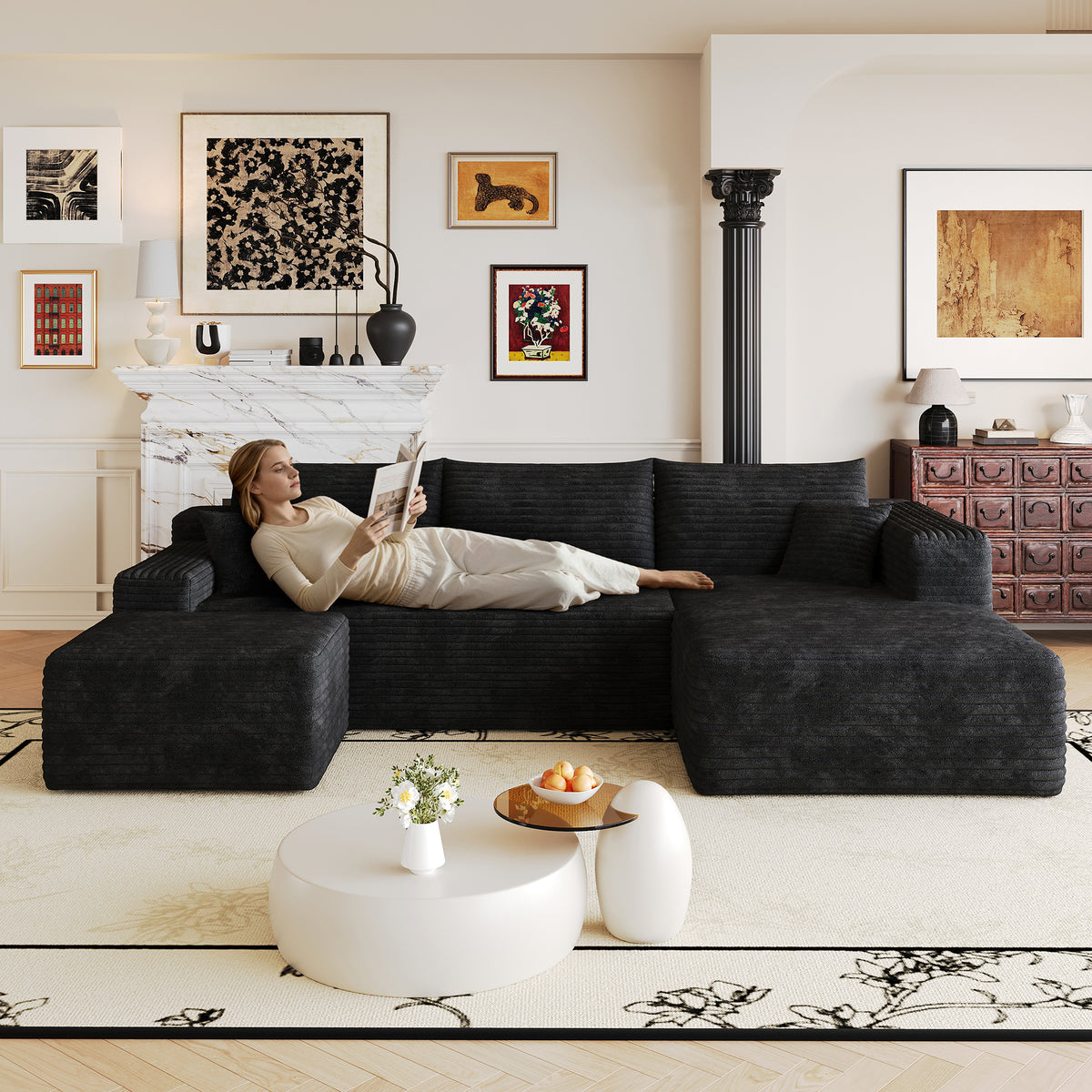 Black Corduroy L-Shaped Sectional with Ottoman, Right-Facing