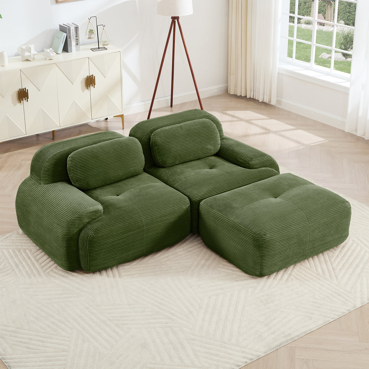 Olive Green Corduroy L-Shaped Modular Sectional Couch, 82 in Wide