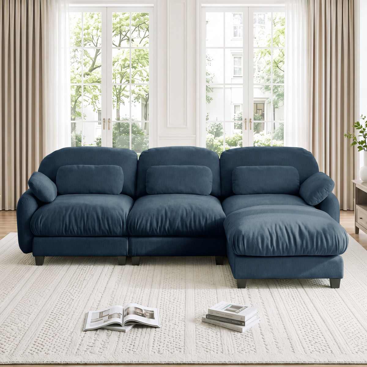 Blue Chenille Modular Sectional Couch with Ottoman