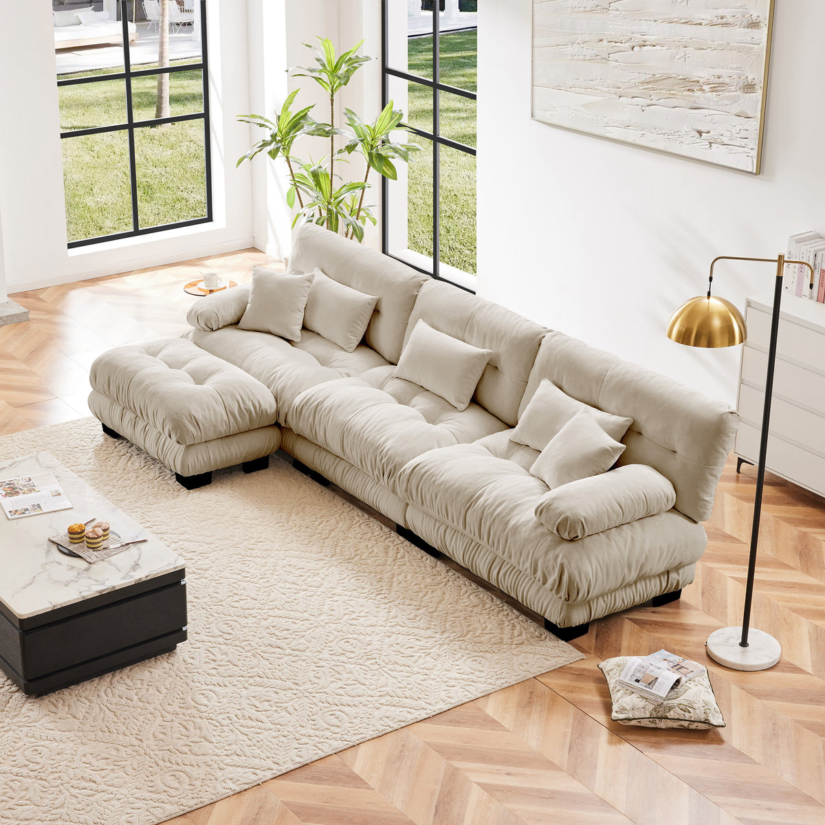 Brown Chenille Modular Sectional Couch with Ottoman, Bolster Arms